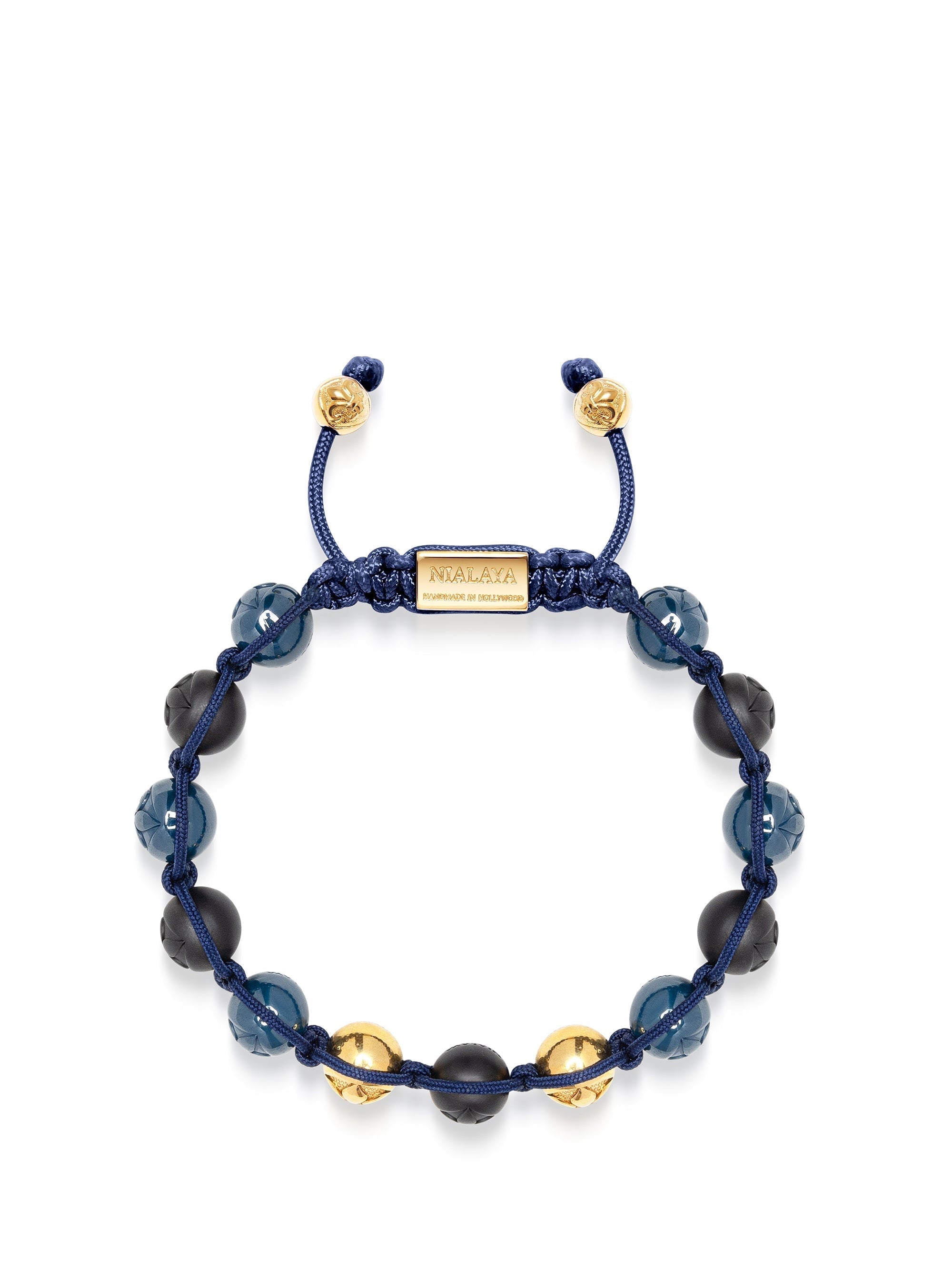 Men's Beaded Bracelet With Matte Black, Glossy Blue Ceramic & Gold Beads