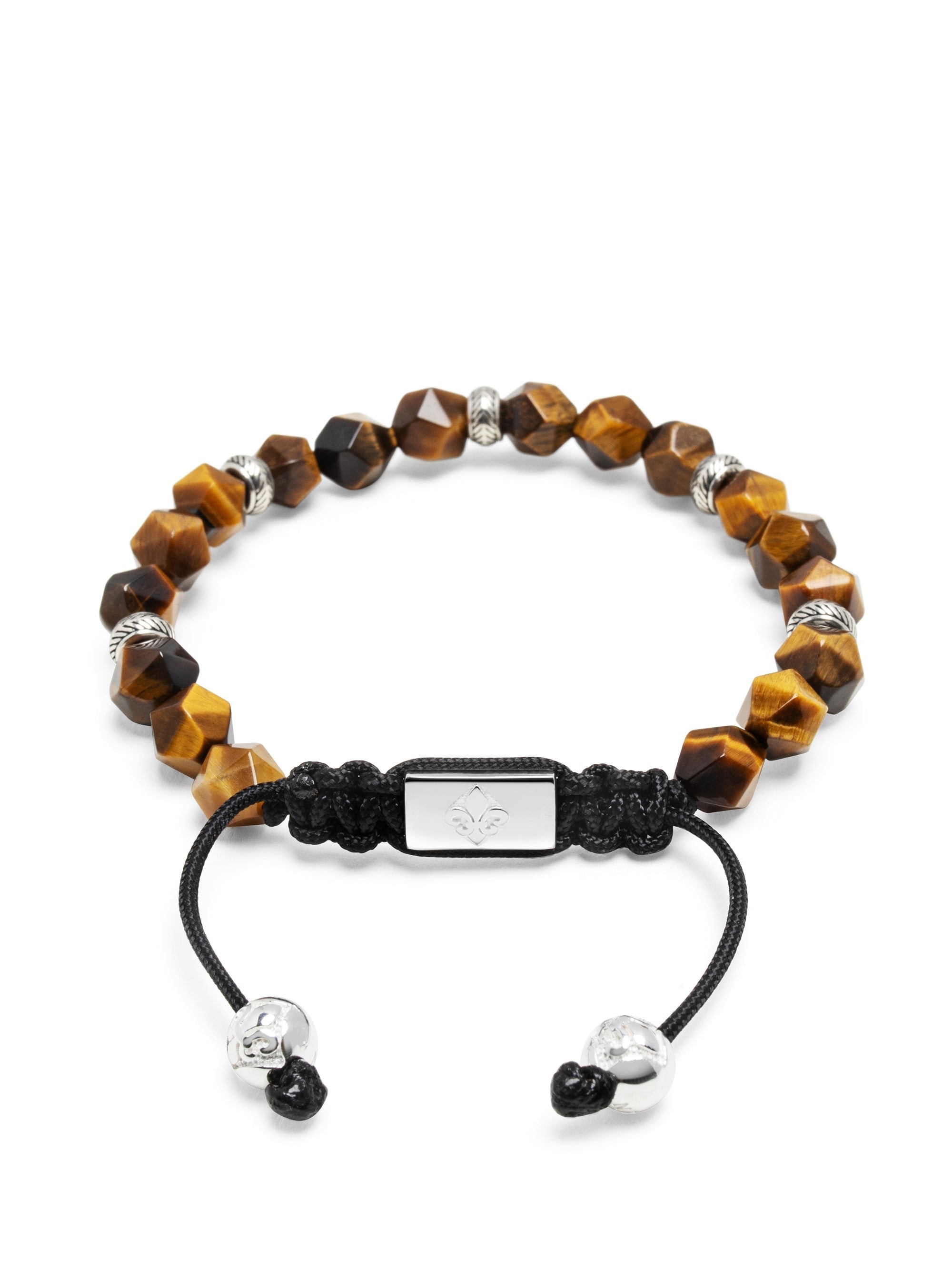 Men'S Sterling Silver Faceted Beaded Bracelet With Brown Tiger Eye