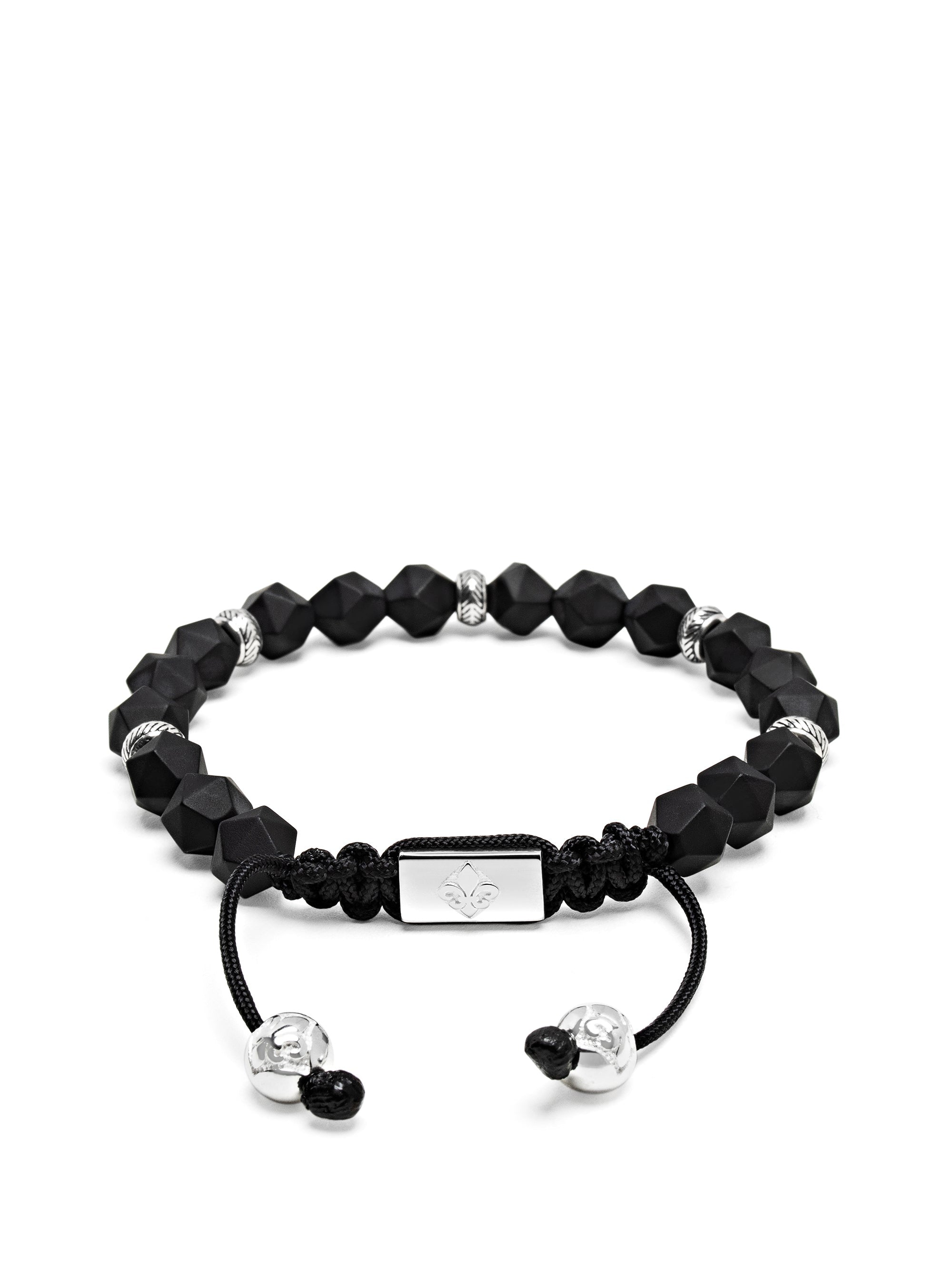 Men'S Sterling Silver Faceted Beaded Bracelet With Matte Black Onyx