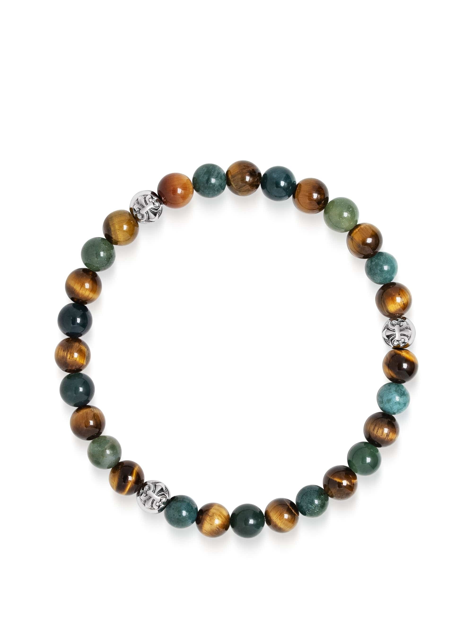 6Mm Tiger Eye And Aquatic Agate Bracelet With Silver Balls