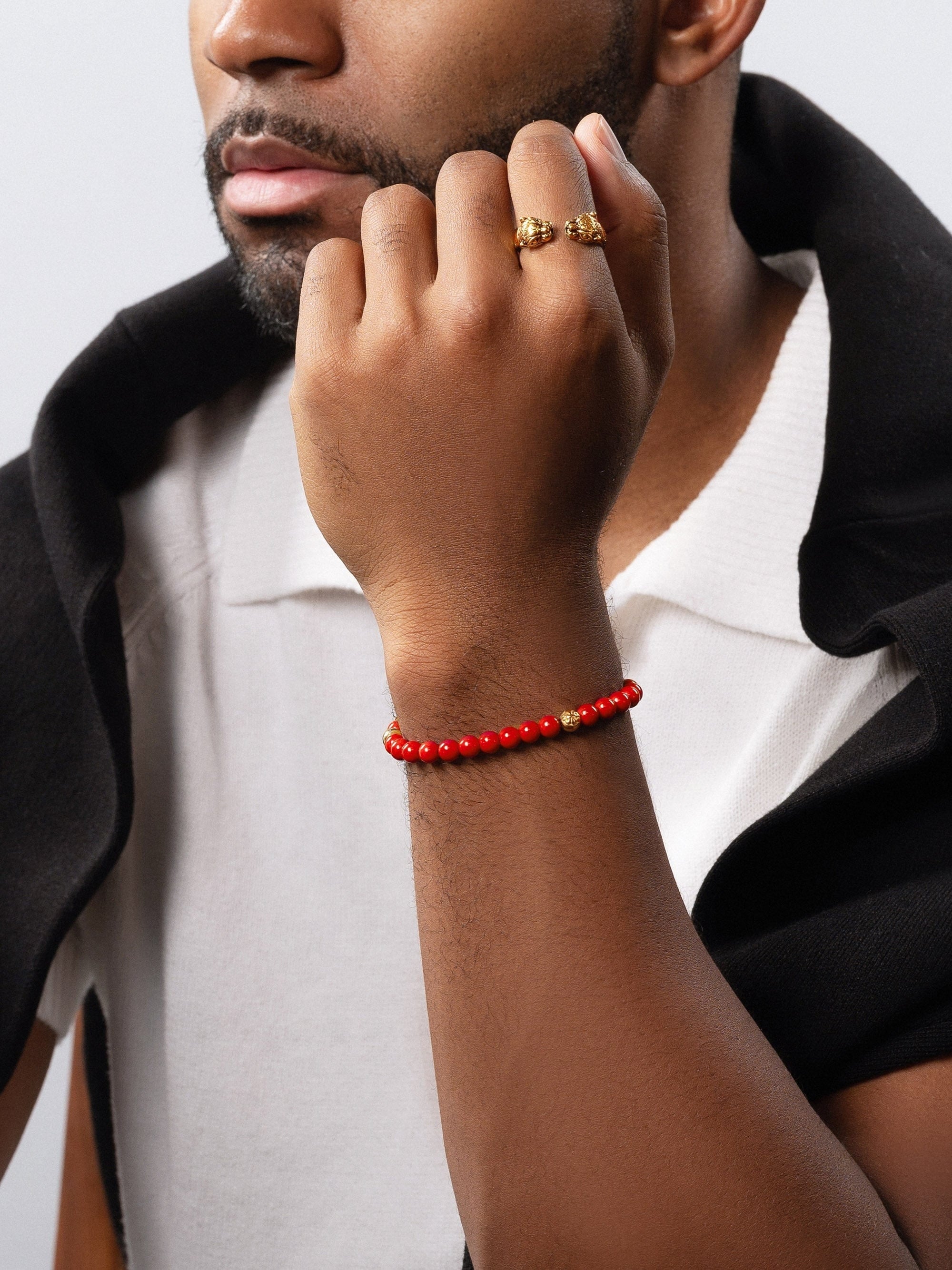 6Mm Red Jade Bracelet With Gold Balls