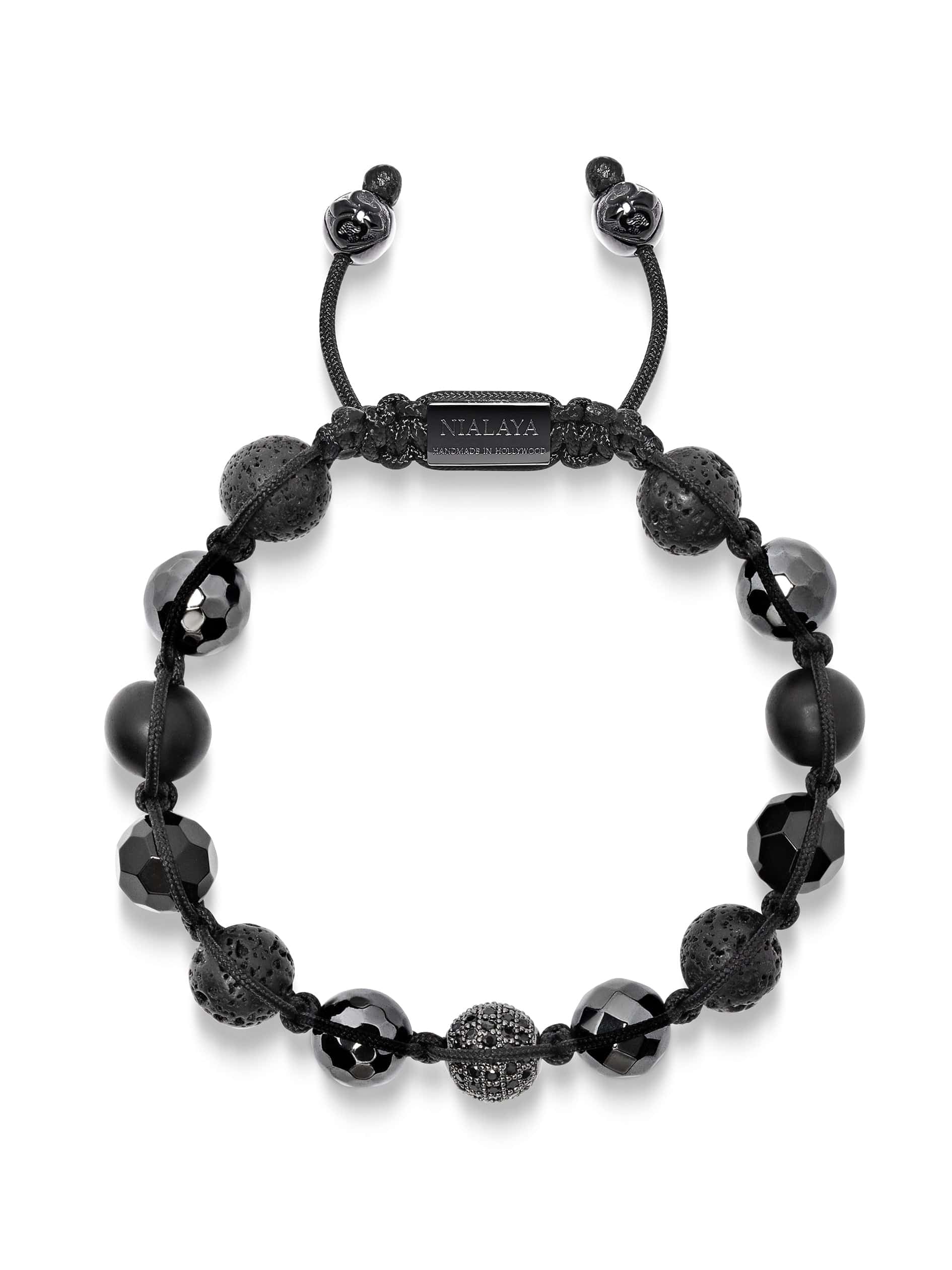 Men'S Beaded Bracelet With Black Cz Diamond, Lava Stone, Matte Onyx And Agate