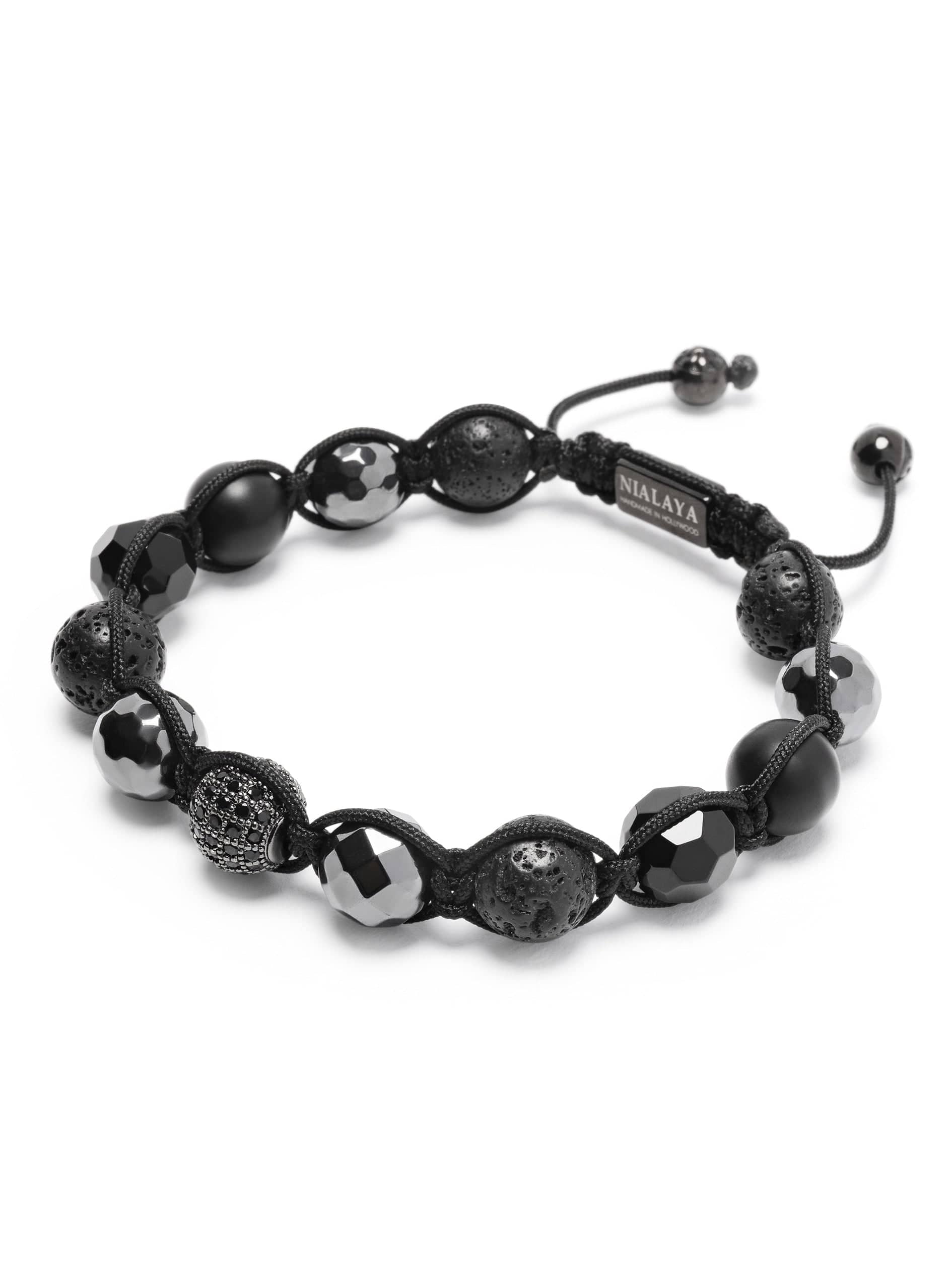 Men'S Beaded Bracelet With Black Cz Diamond, Lava Stone, Matte Onyx And Agate