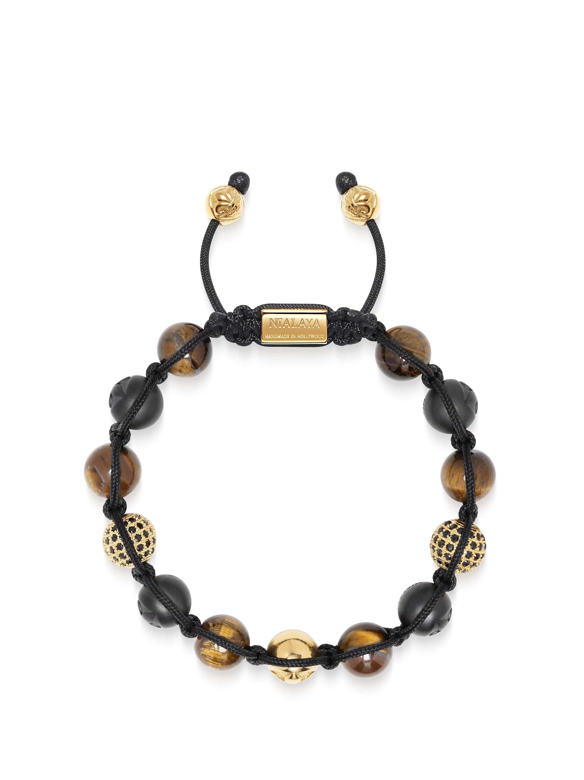 Men'S Beaded Bracelet With Matte Black Ceramic Beads, Tiger Eye, Gold & Cz Balls