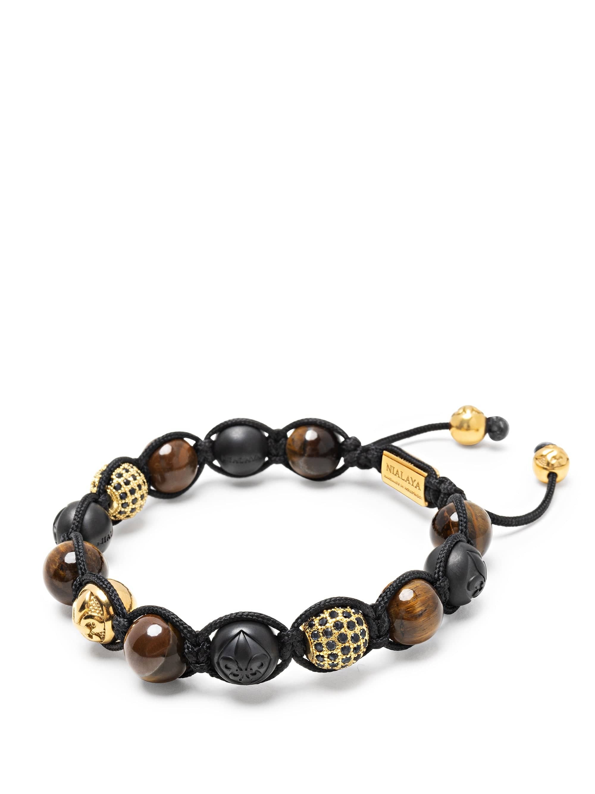 Men'S Beaded Bracelet With Matte Black Ceramic Beads, Tiger Eye, Gold & Cz Balls
