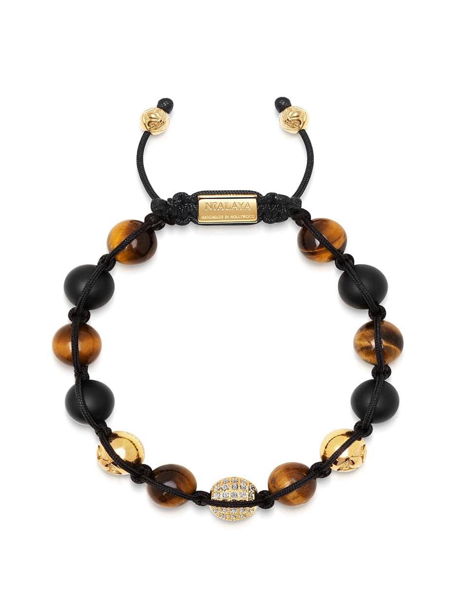 Men'S Beaded Bracelet With Gold, Cz Diamond, Matte Onyx, And Brown Tiger Eye