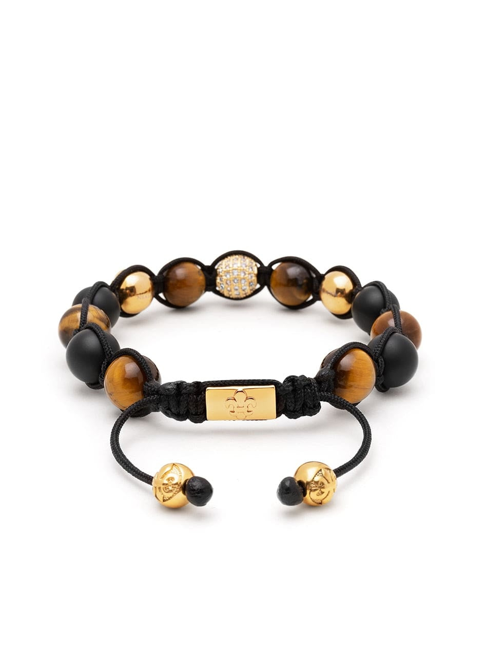 Men'S Beaded Bracelet With Gold, Cz Diamond, Matte Onyx, And Brown Tiger Eye