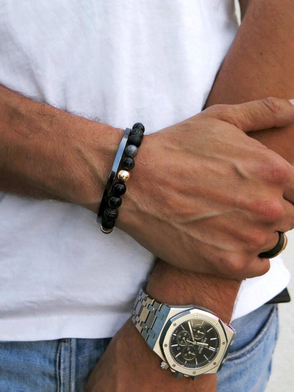 Men'S Beaded Bracelet With Agate, Onyx, Black Jade, And Blue Tiger Eye