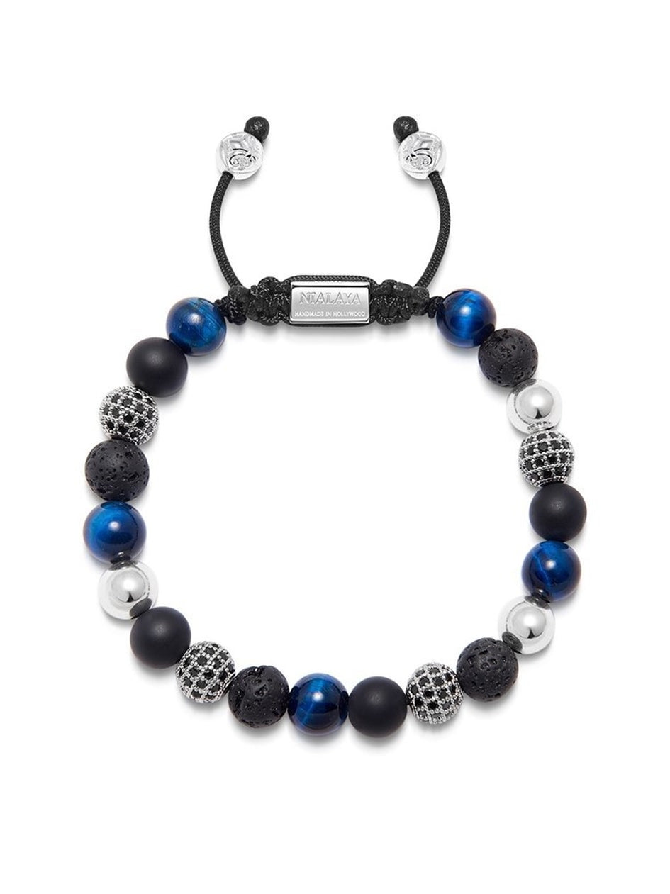 Men'S Beaded Bracelet With Onyx, Blue Tiger Eye, Lava Stone And Silver