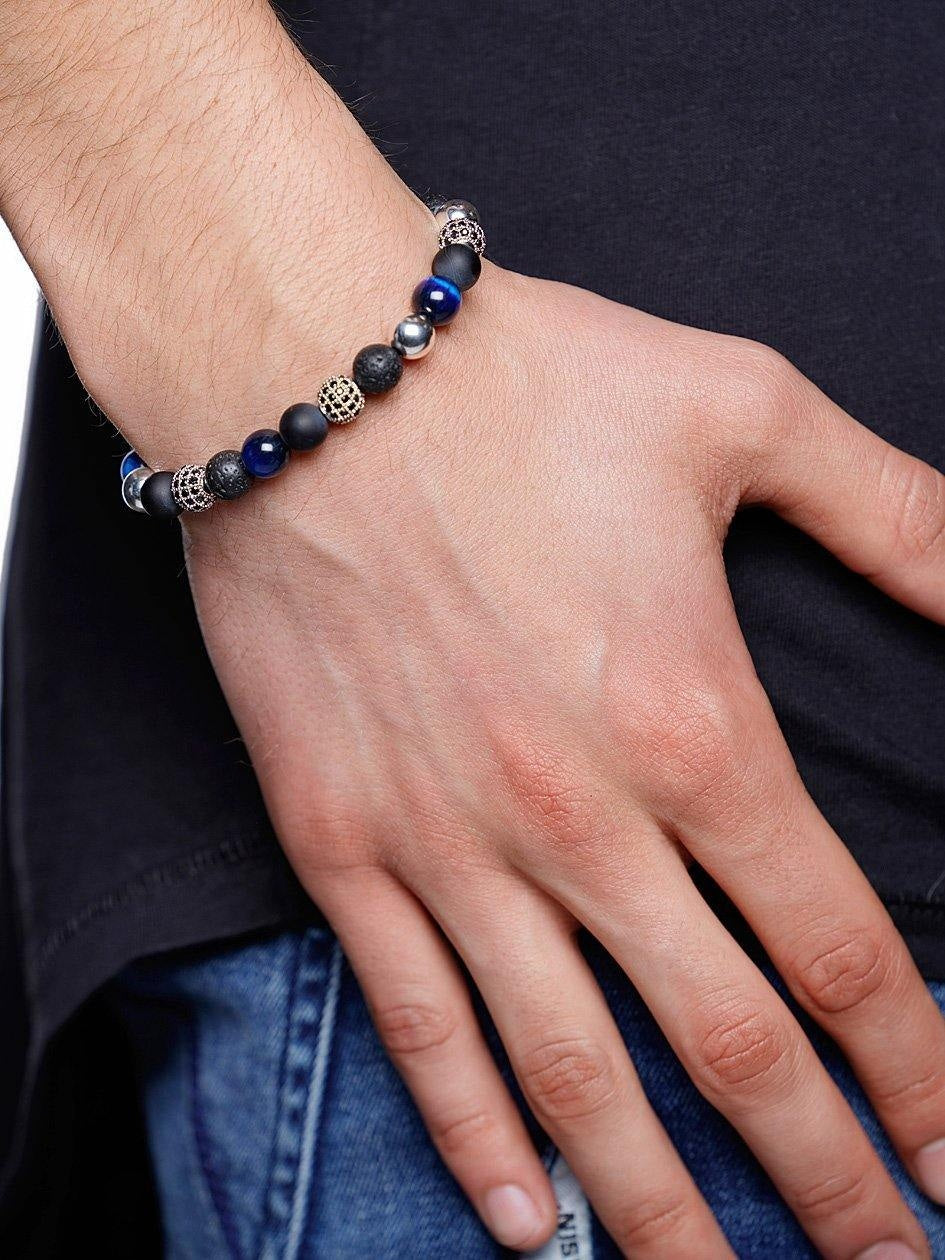 Men'S Beaded Bracelet With Onyx, Blue Tiger Eye, Lava Stone And Silver