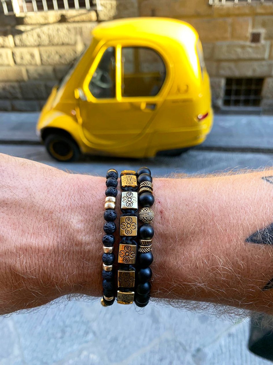 Men's Beaded Bracelet with Lava Stone and Gold