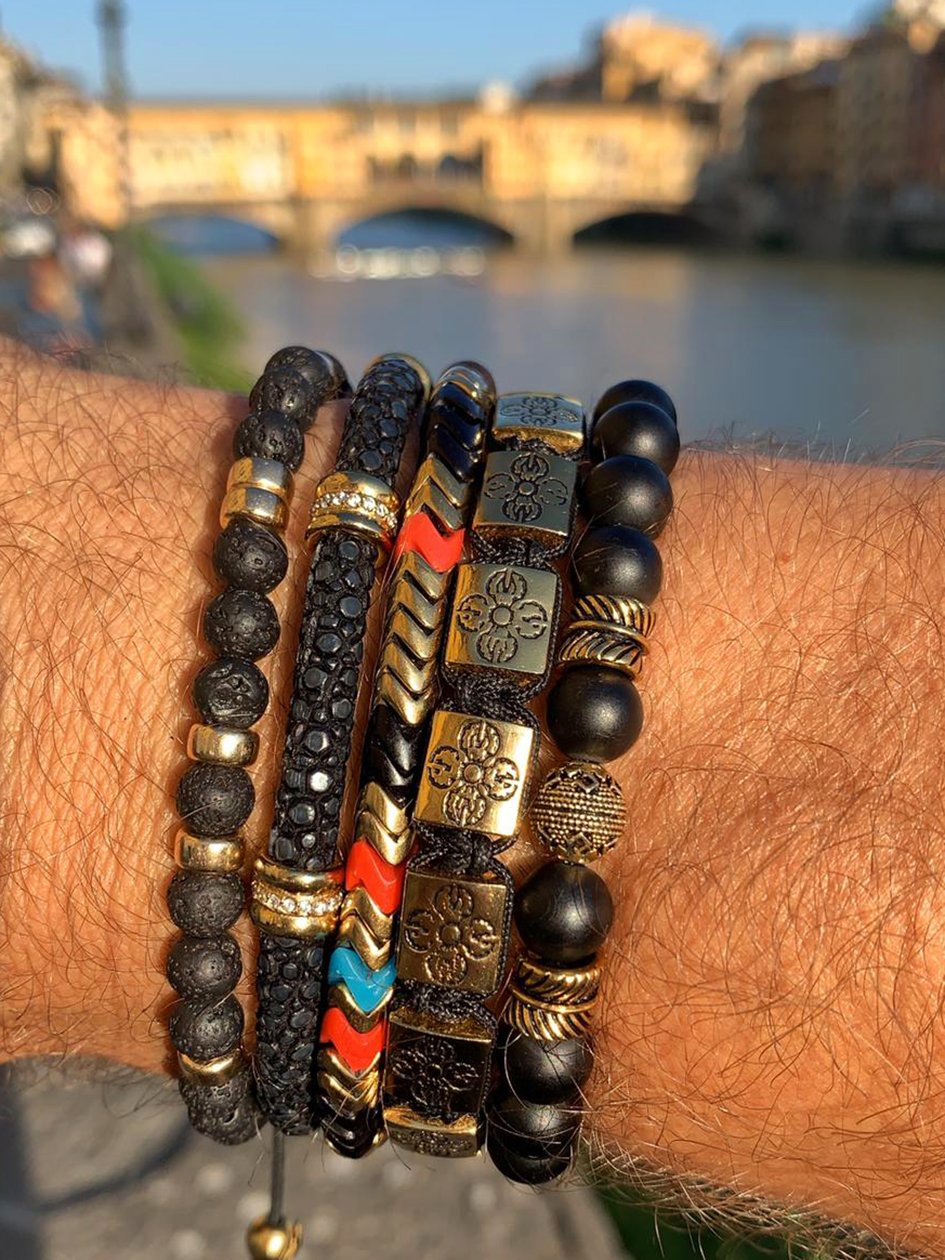 Men's Beaded Bracelet with Lava Stone and Gold