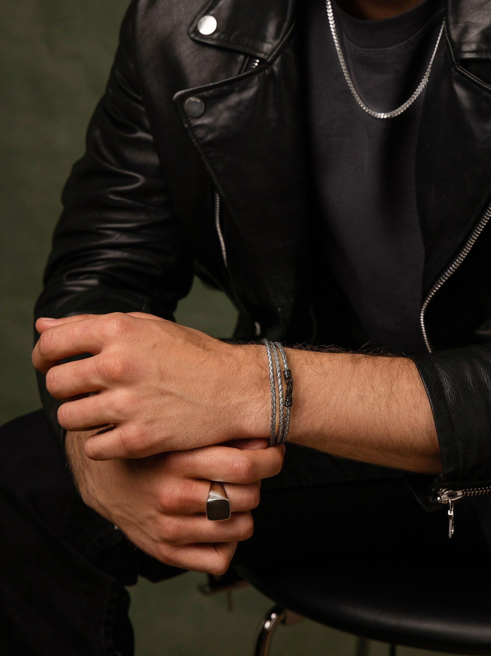 Men'S Grey Metallic Wrap Around Leather Bracelet