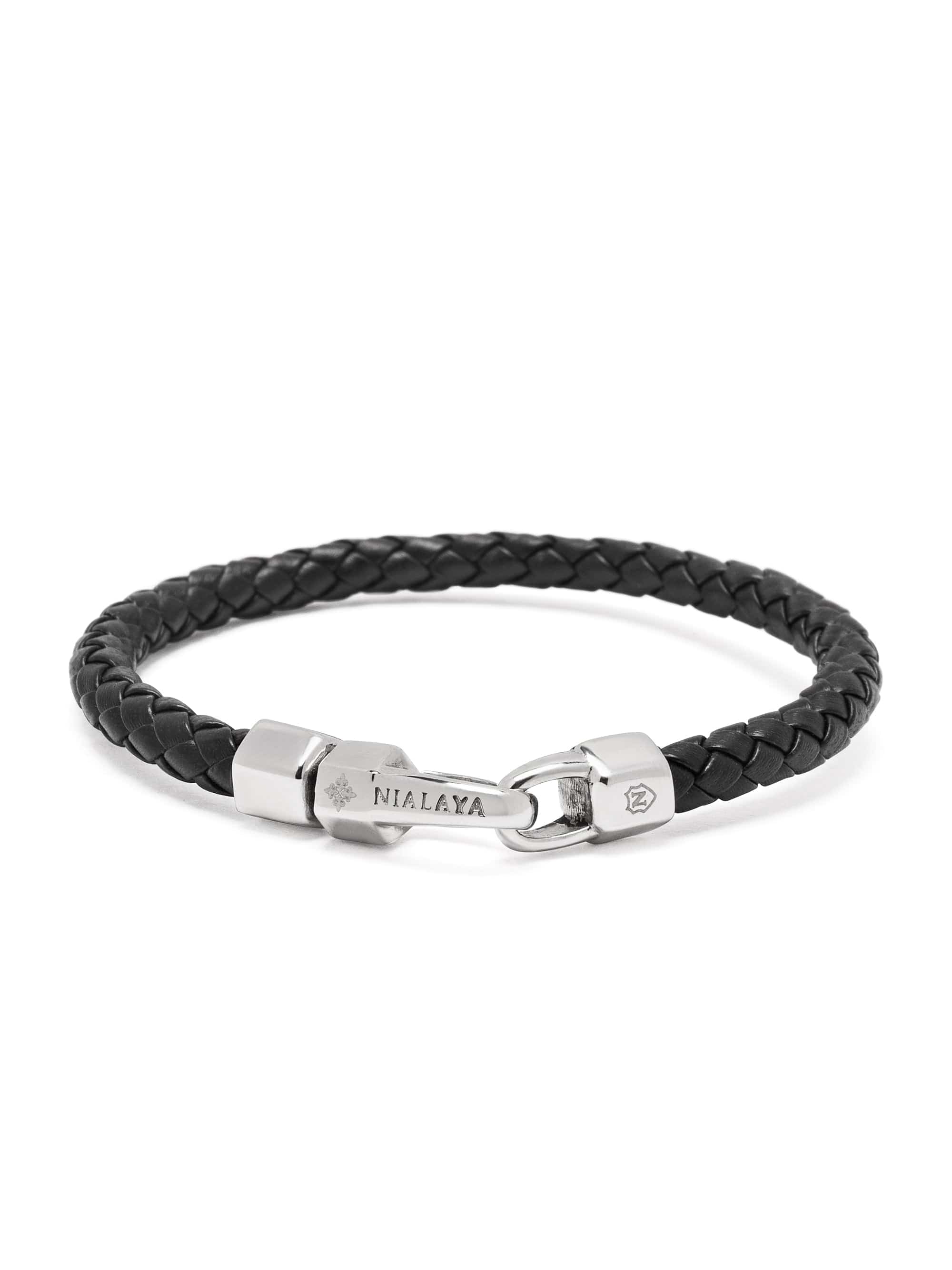 Braided Black Leather Bracelet in Silver