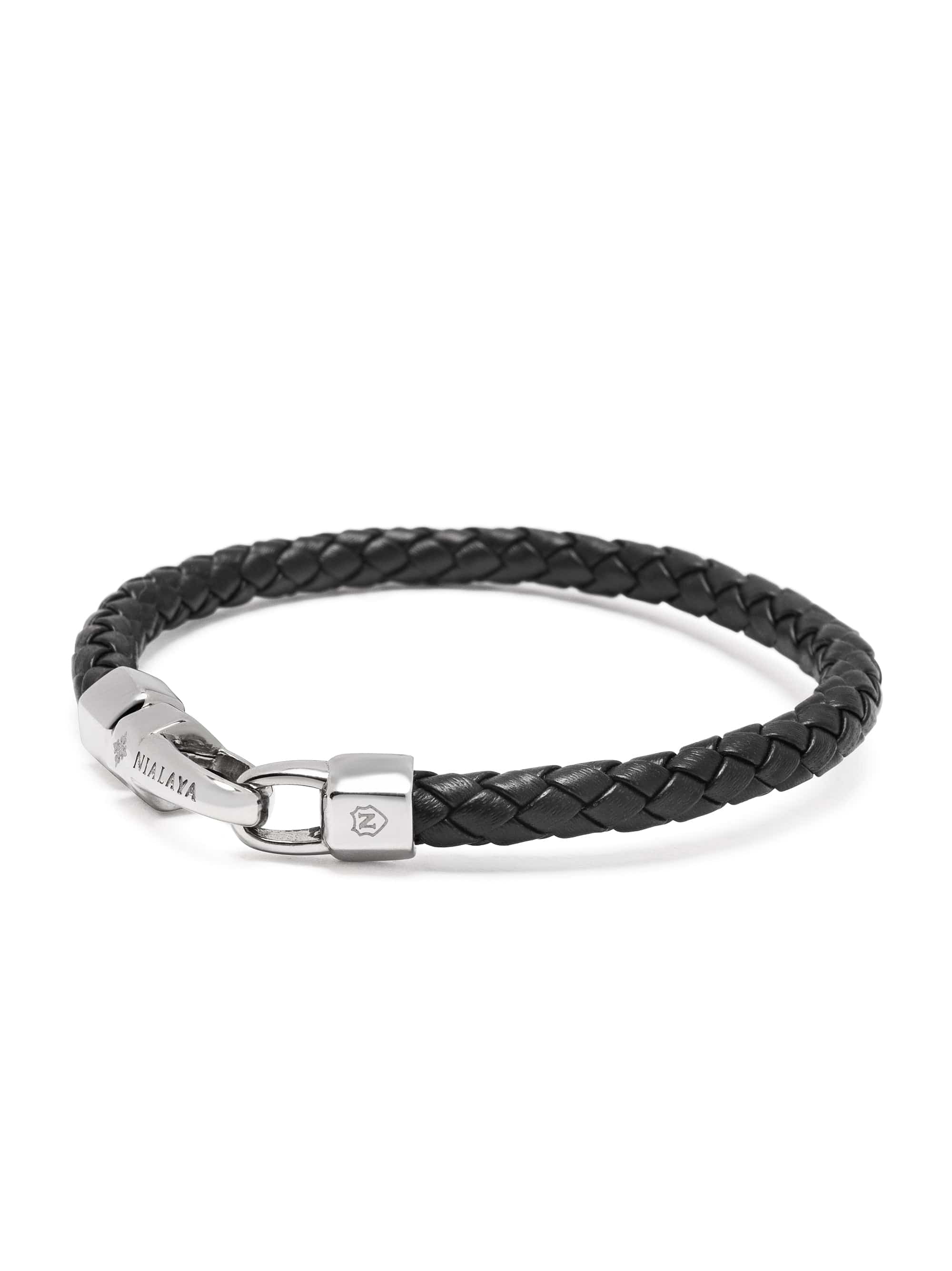 Braided Black Leather Bracelet in Silver