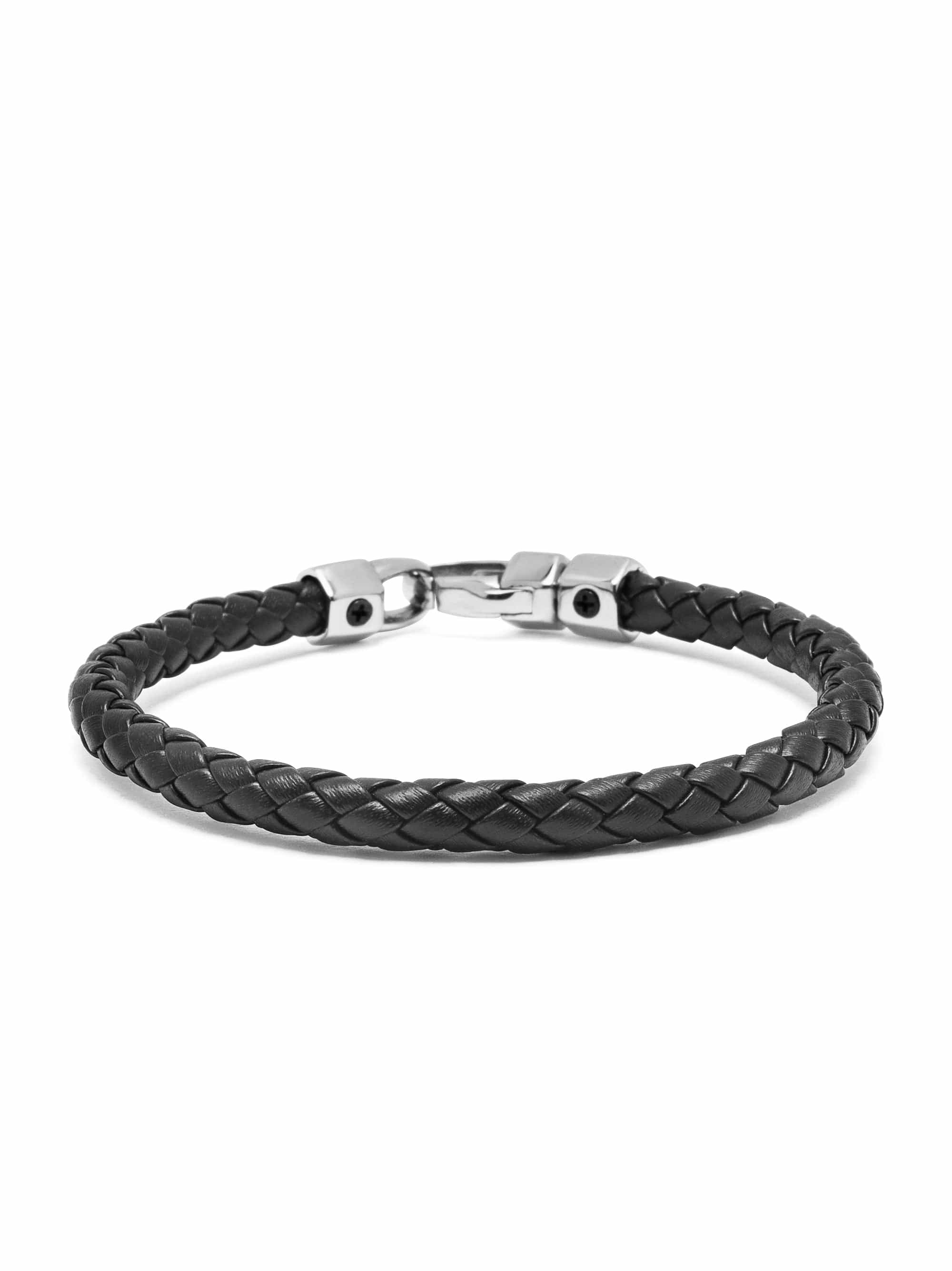 Braided Black Leather Bracelet in Silver