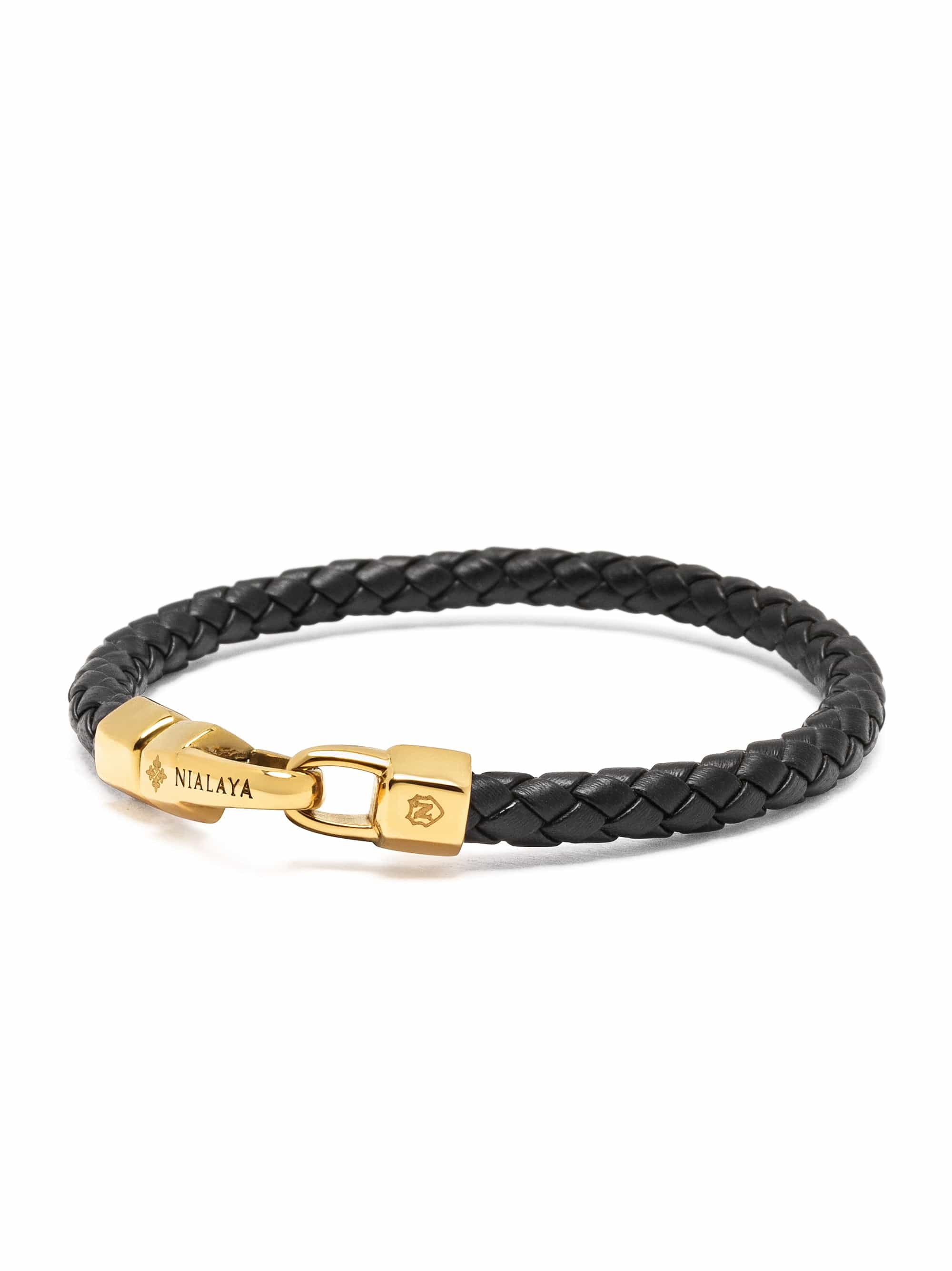 Braided Black Leather Bracelet in Gold