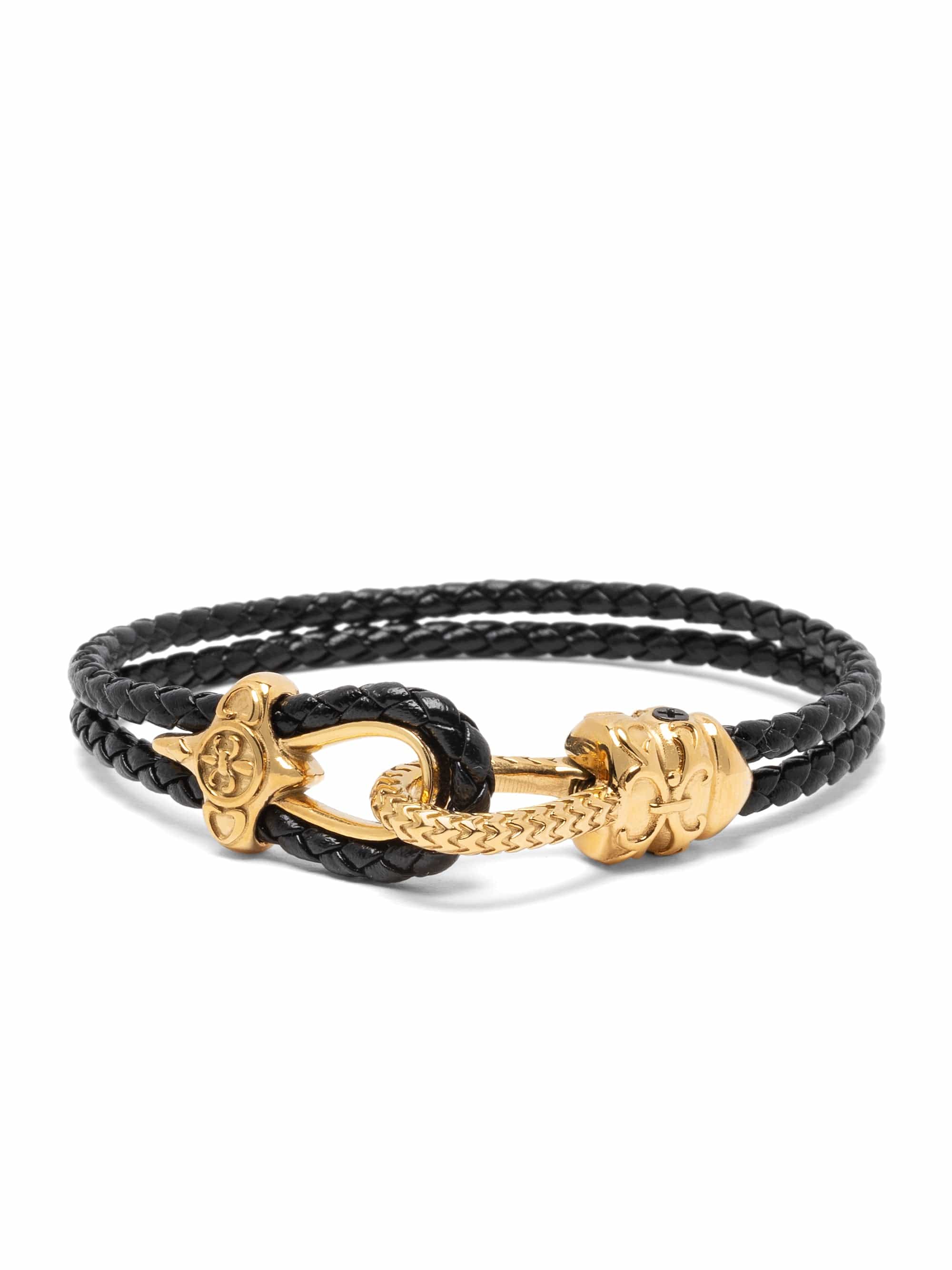 Black Leather Bracelet with Gold Rope Clasp