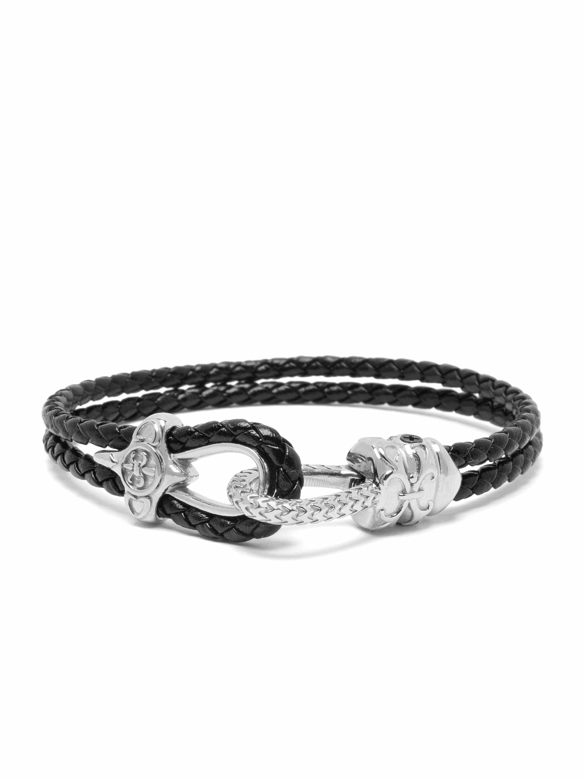 Black Leather Bracelet with Silver Rope Clasp