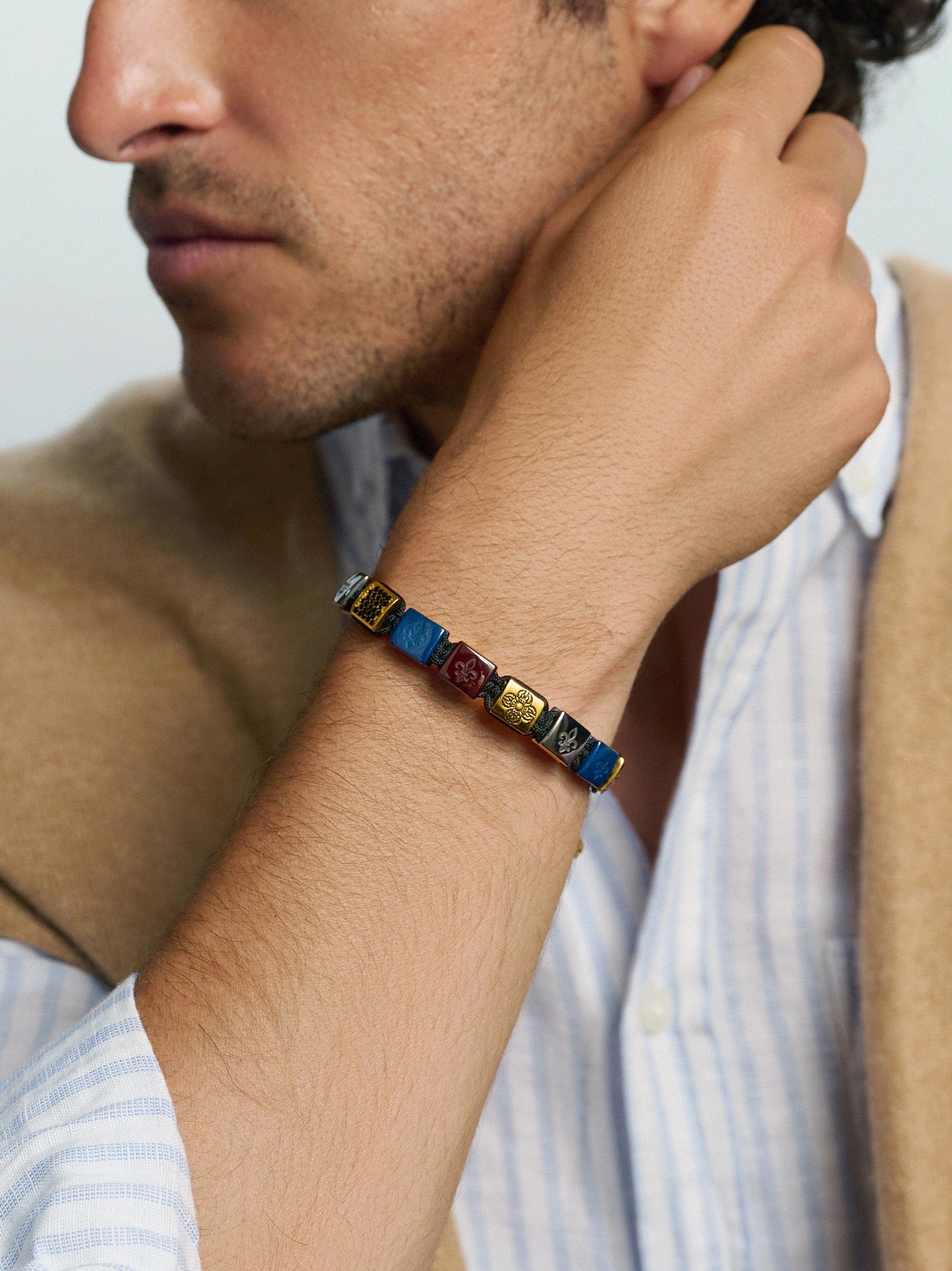 Men'S Ceramic Flatbead Bracelet In Black, Blue, And Gold