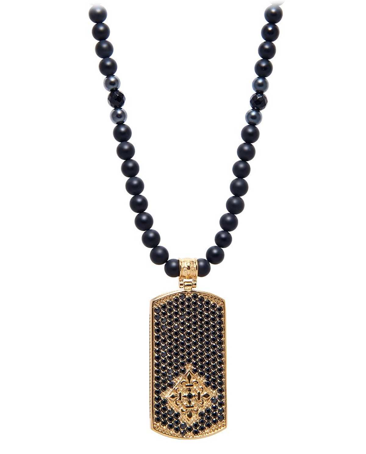 Men'S Beaded Necklace With Matte Onyx And Gold Dog Tag