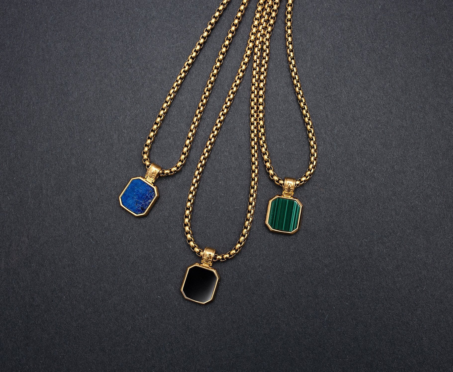 Men'S Gold Necklace With Square Malachite Pendant