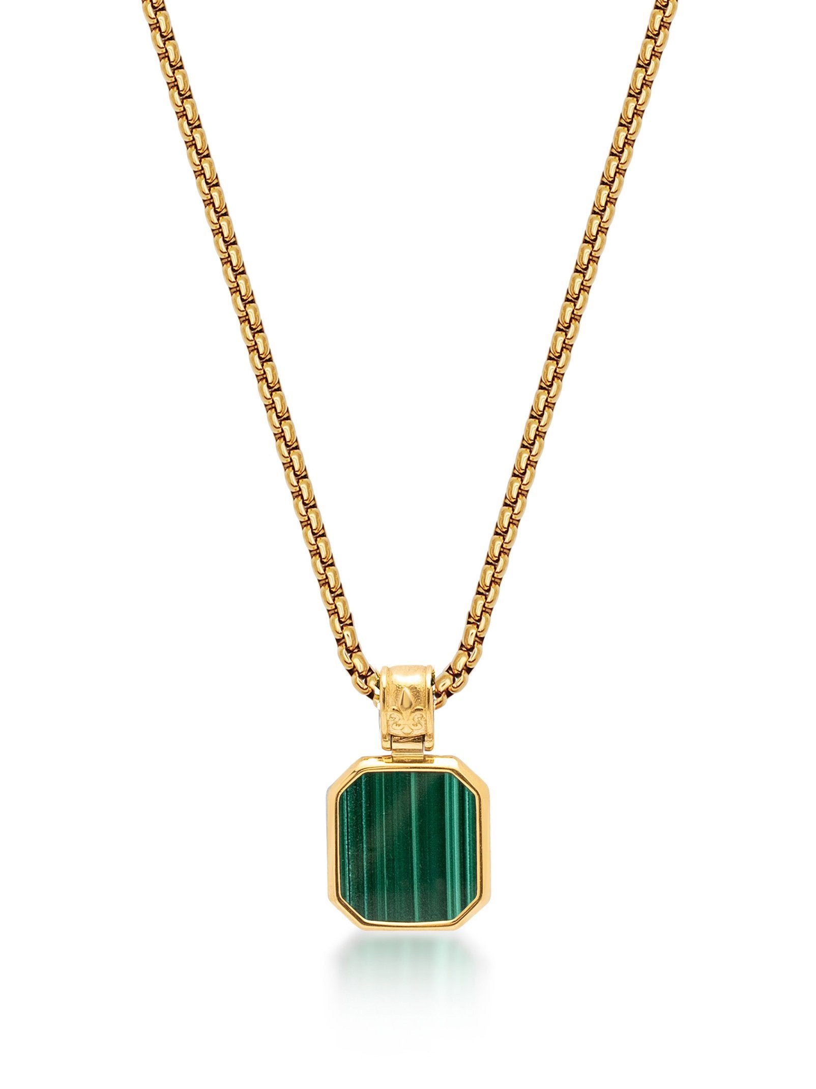 Men'S Gold Necklace With Square Malachite Pendant