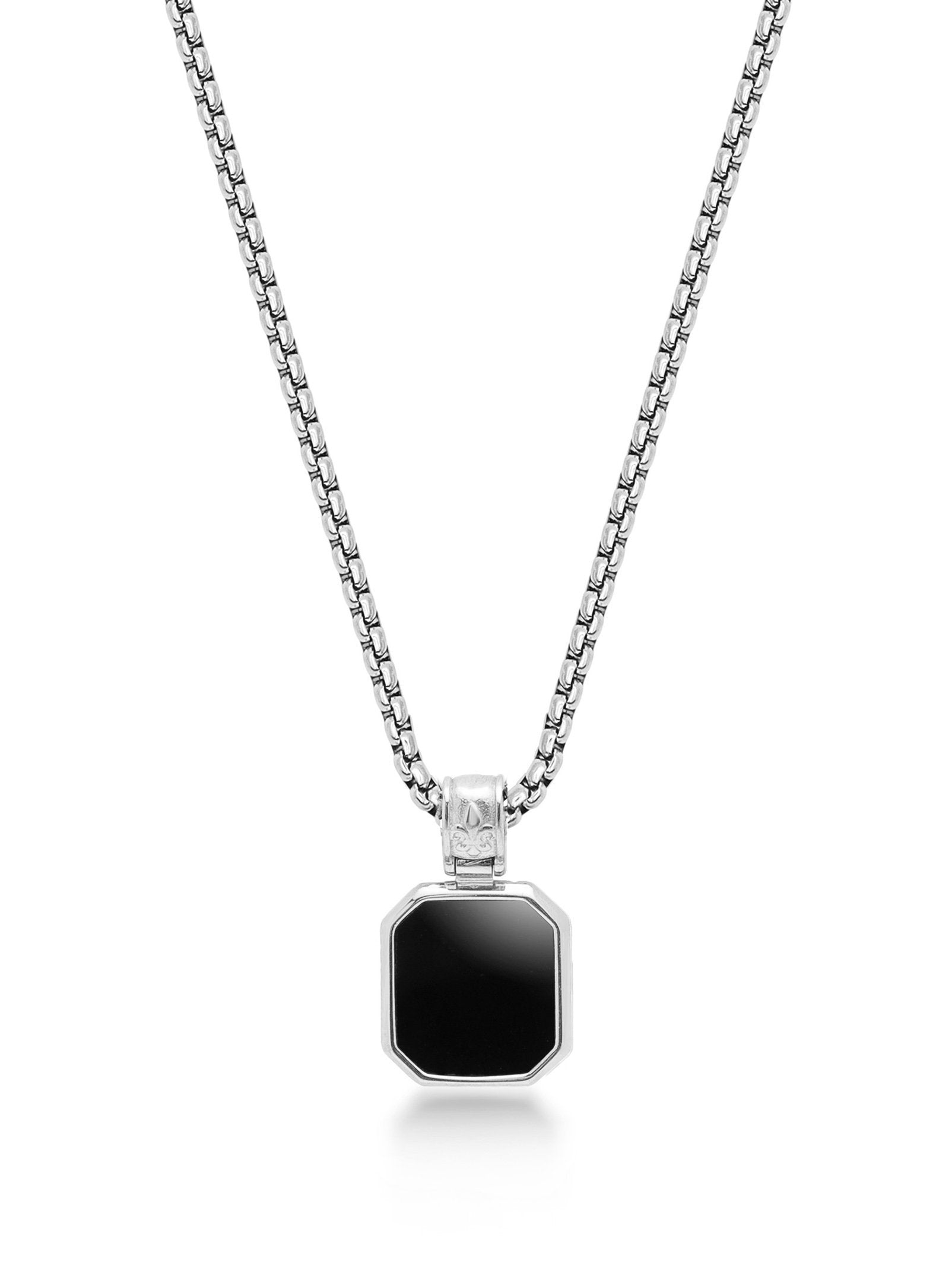 Men'S Silver Necklace With Square Matte Onyx Pendant
