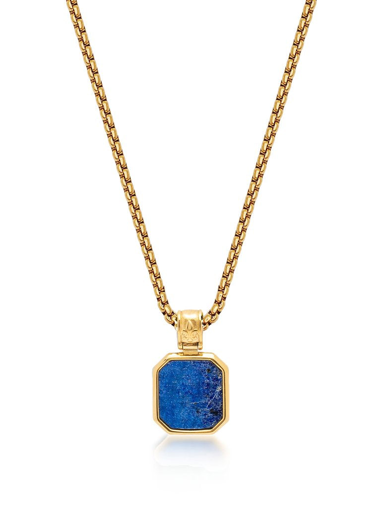 Men'S Gold Necklace With Square Blue Lapis Pendant