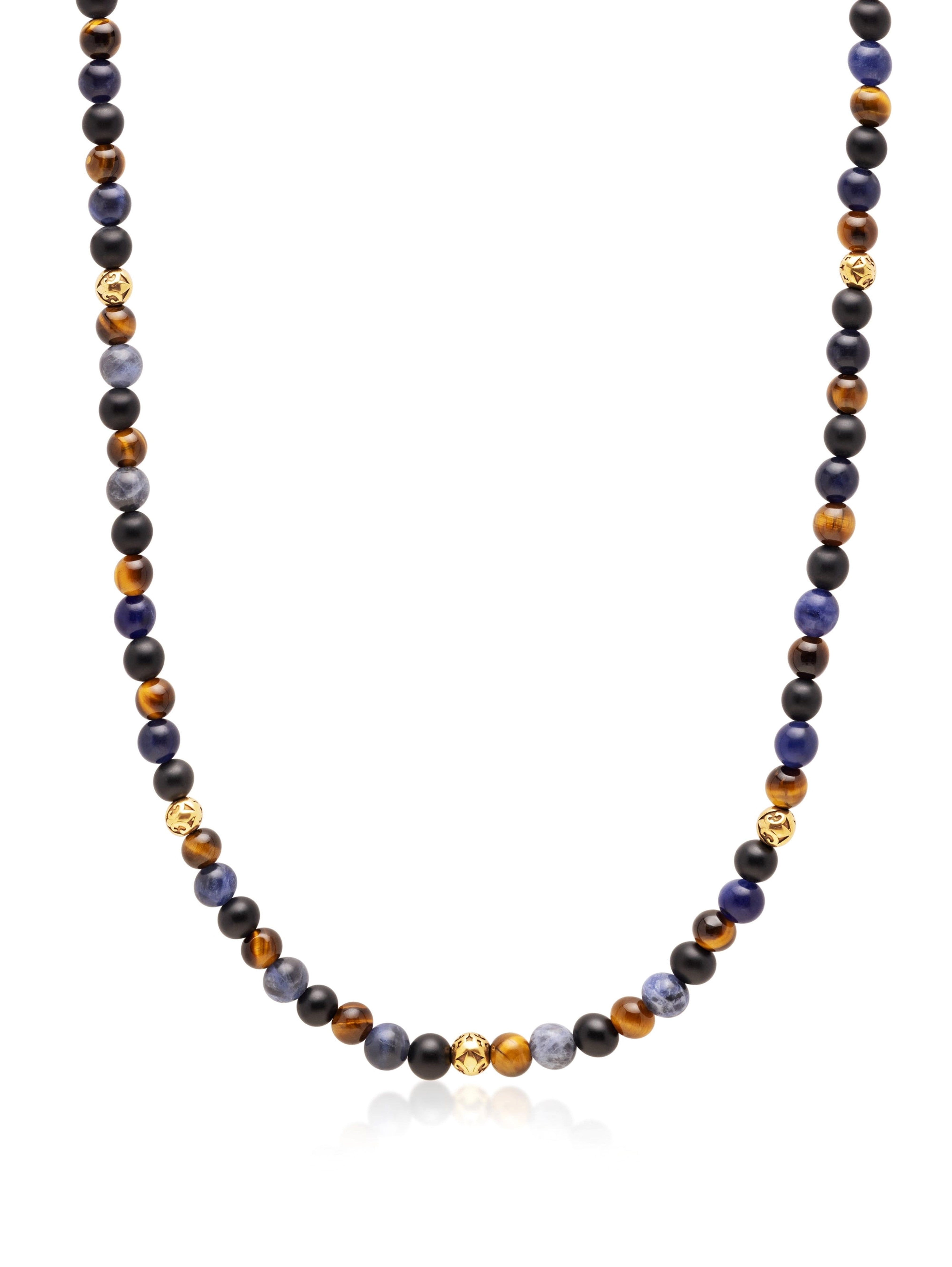 Beaded Necklace With Dumortierite, Brown Tiger Eye And Onyx