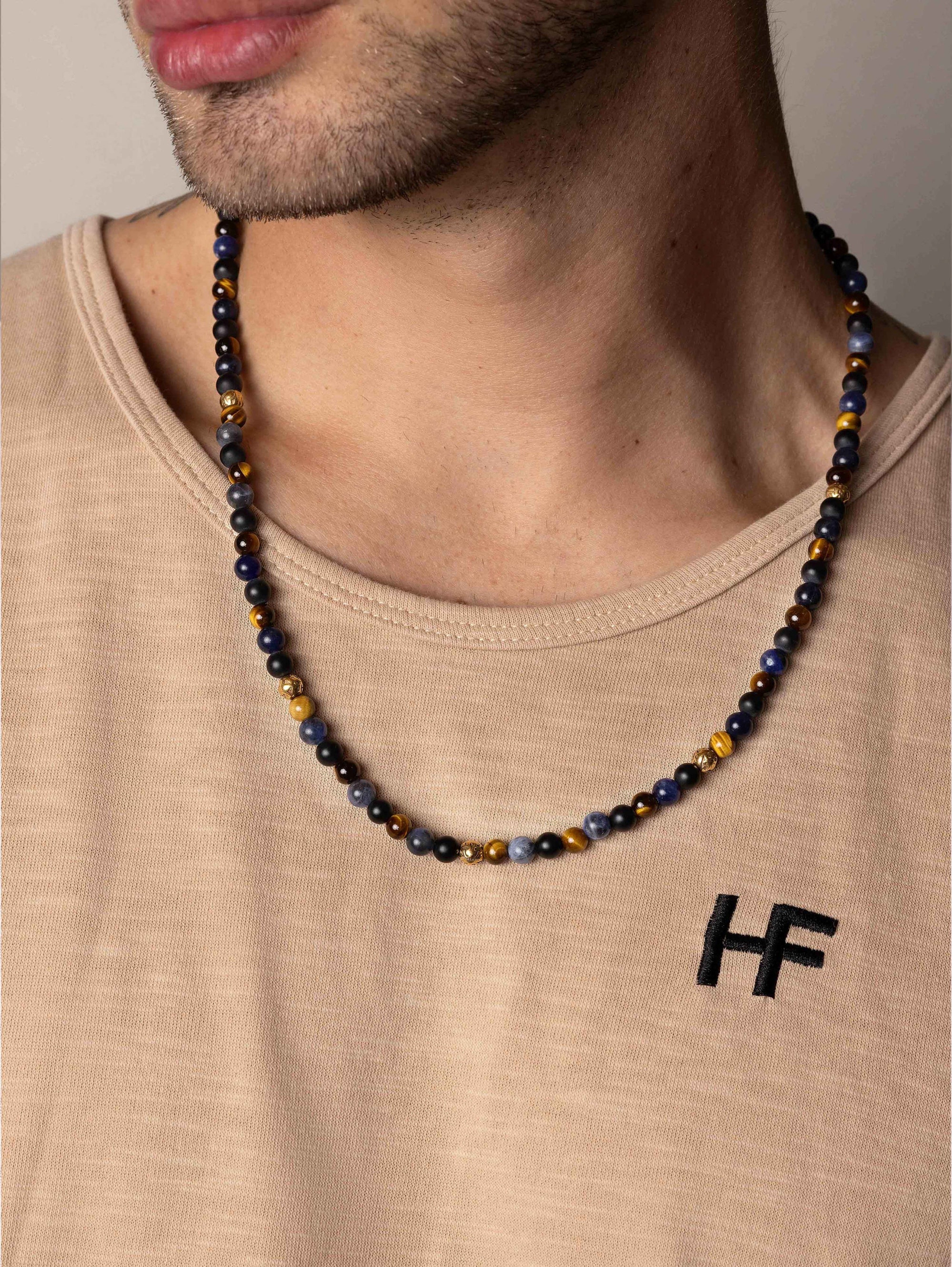 Beaded Necklace With Dumortierite, Brown Tiger Eye And Onyx
