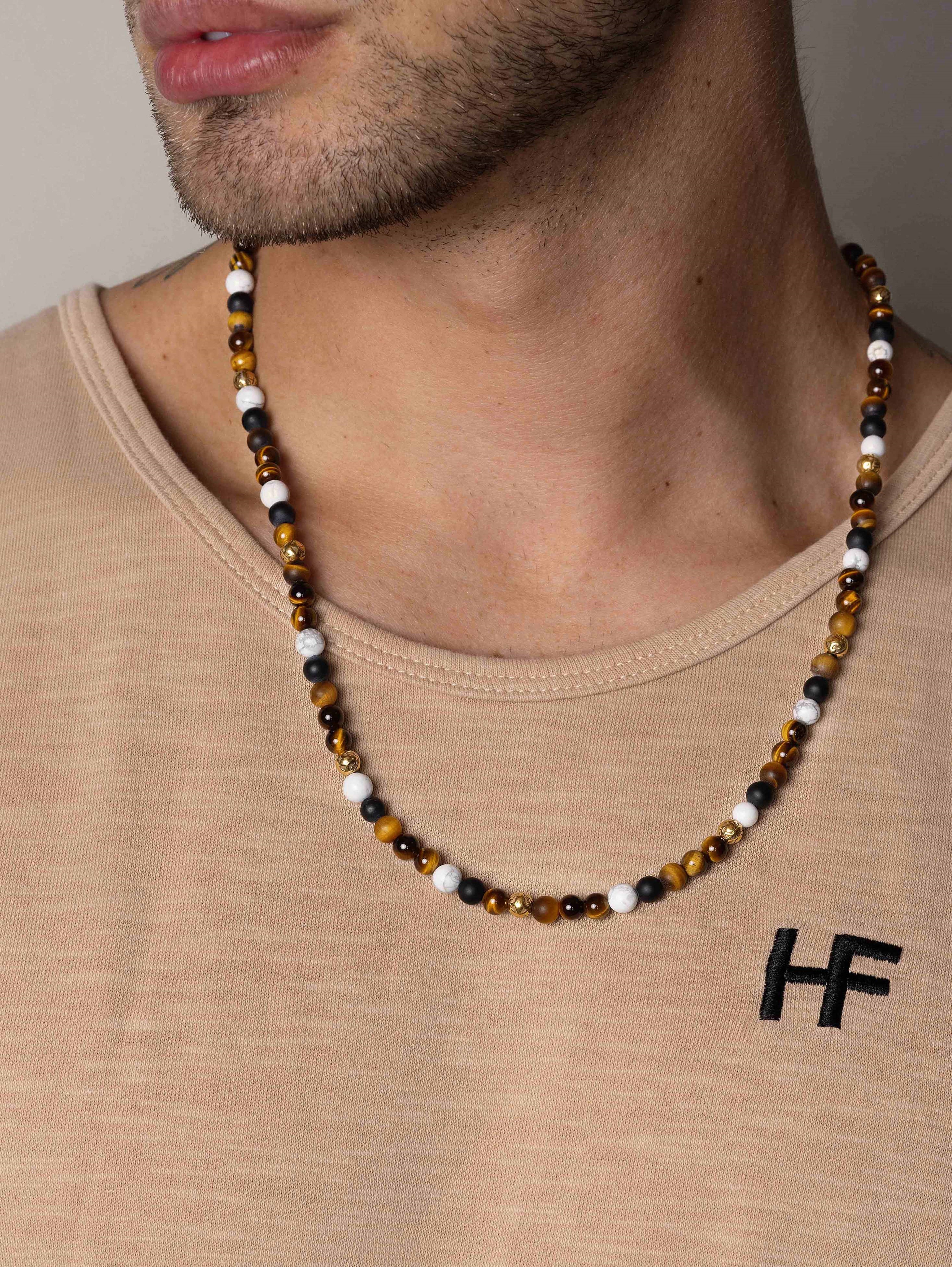 Beaded Necklace With Brown Tiger Eye, Howlite, And Onyx
