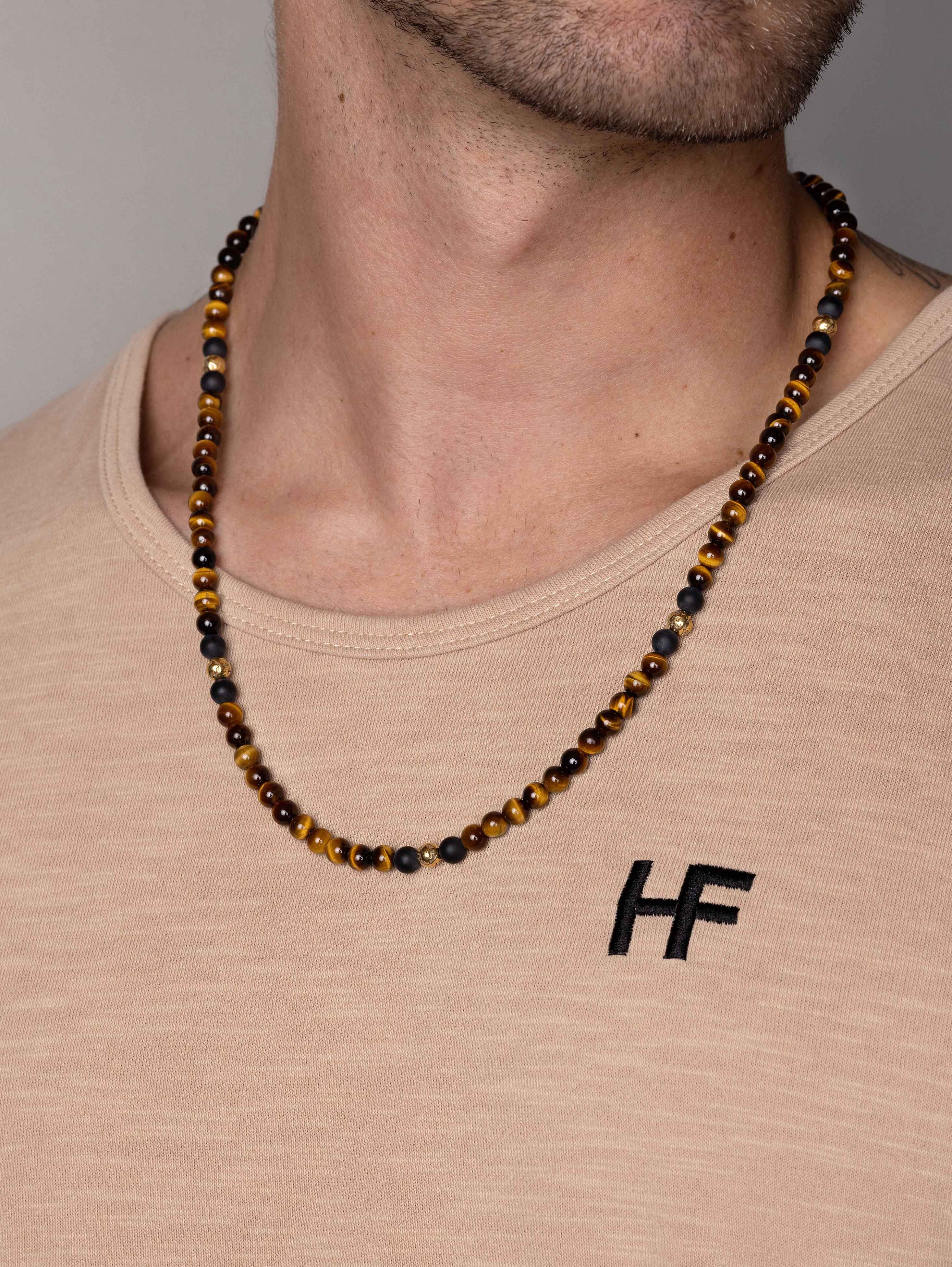 Beaded Necklace With Brown Tiger Eye And Gold