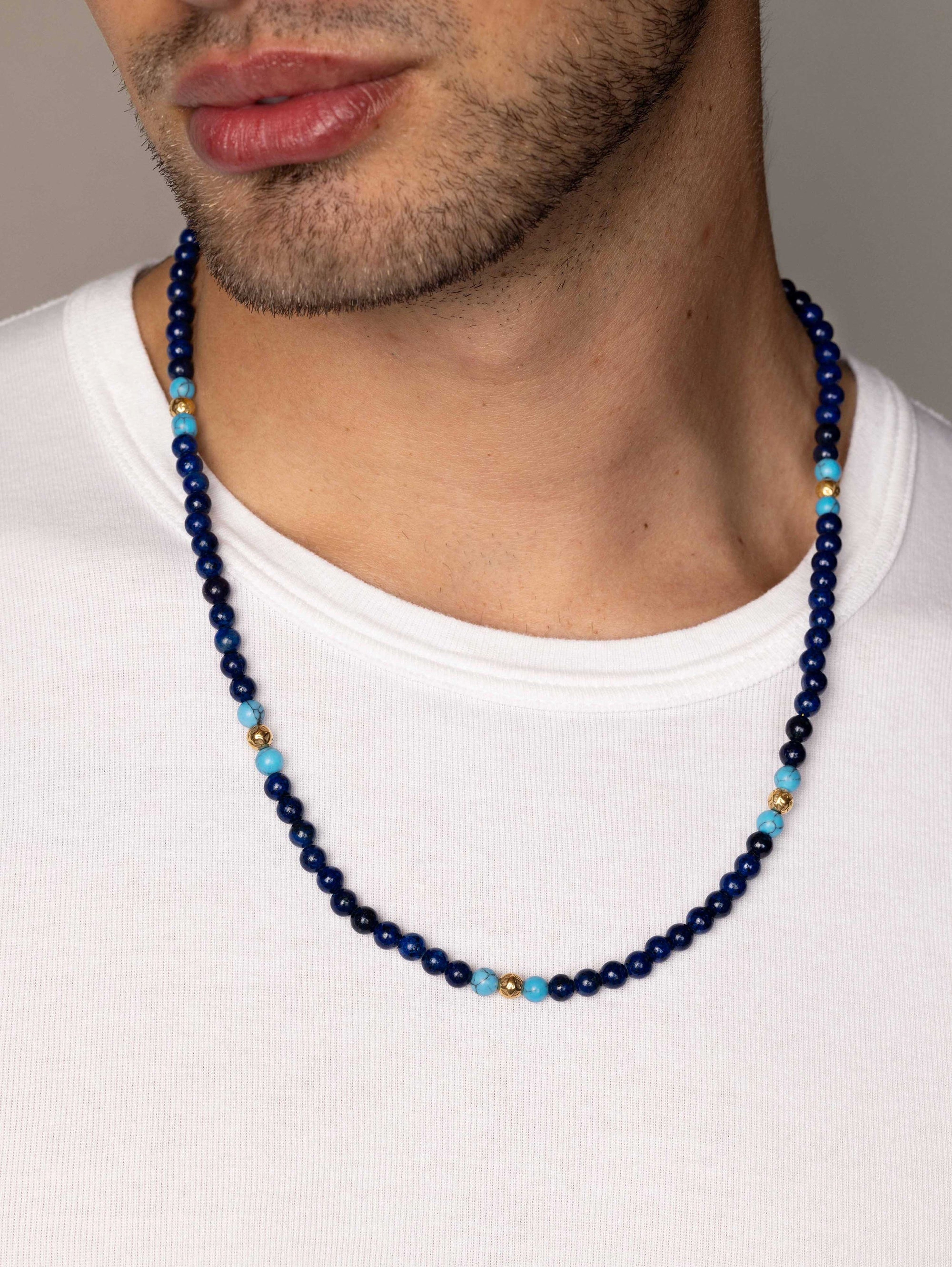 Beaded Necklace With Blue Lapis, Turquoise And Gold