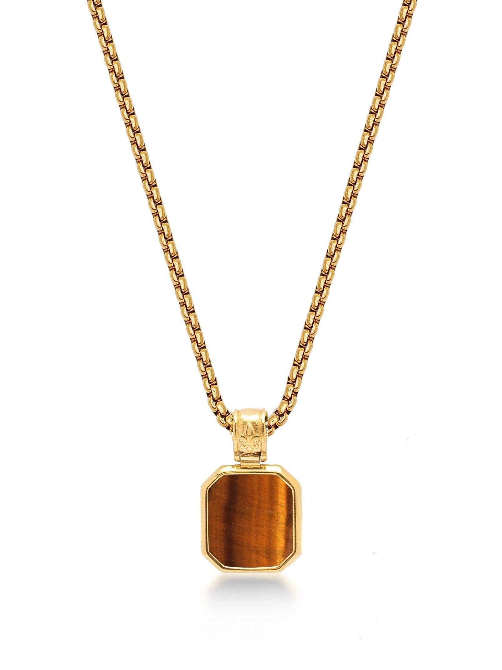 Gold Necklace With Square Brown Tiger Eye Pendant