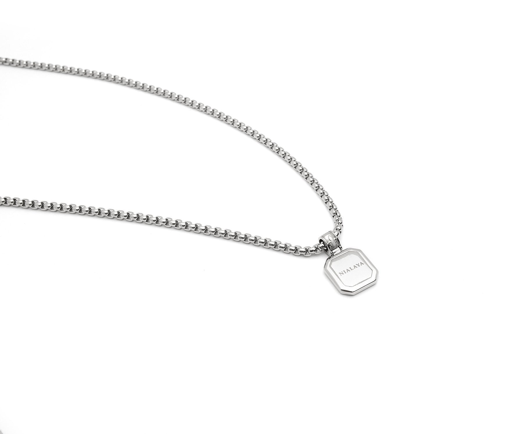 Men'S Silver Necklace With Square Matte Onyx Pendant