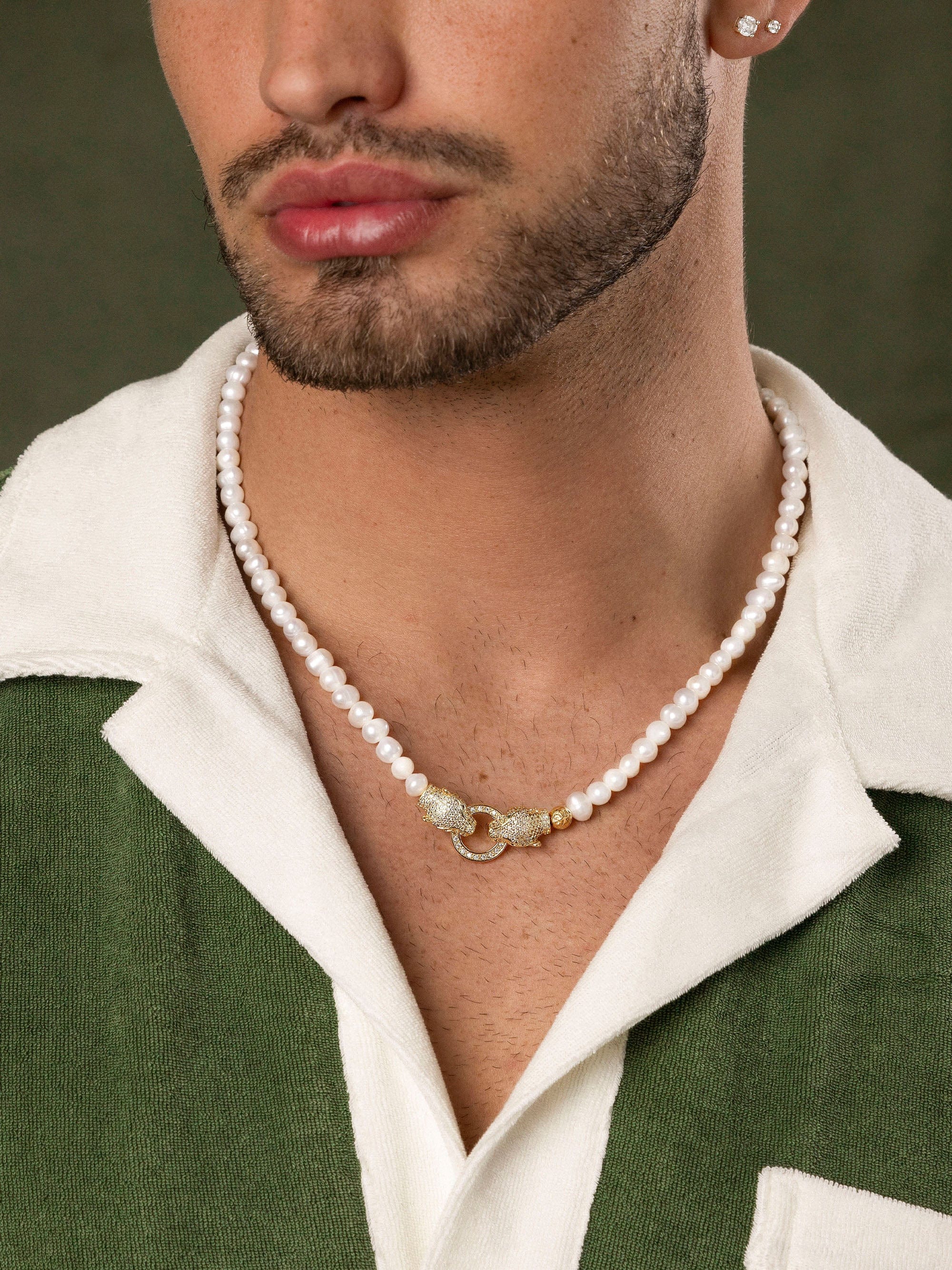 Pearl Necklace with Gold Double Panther Head