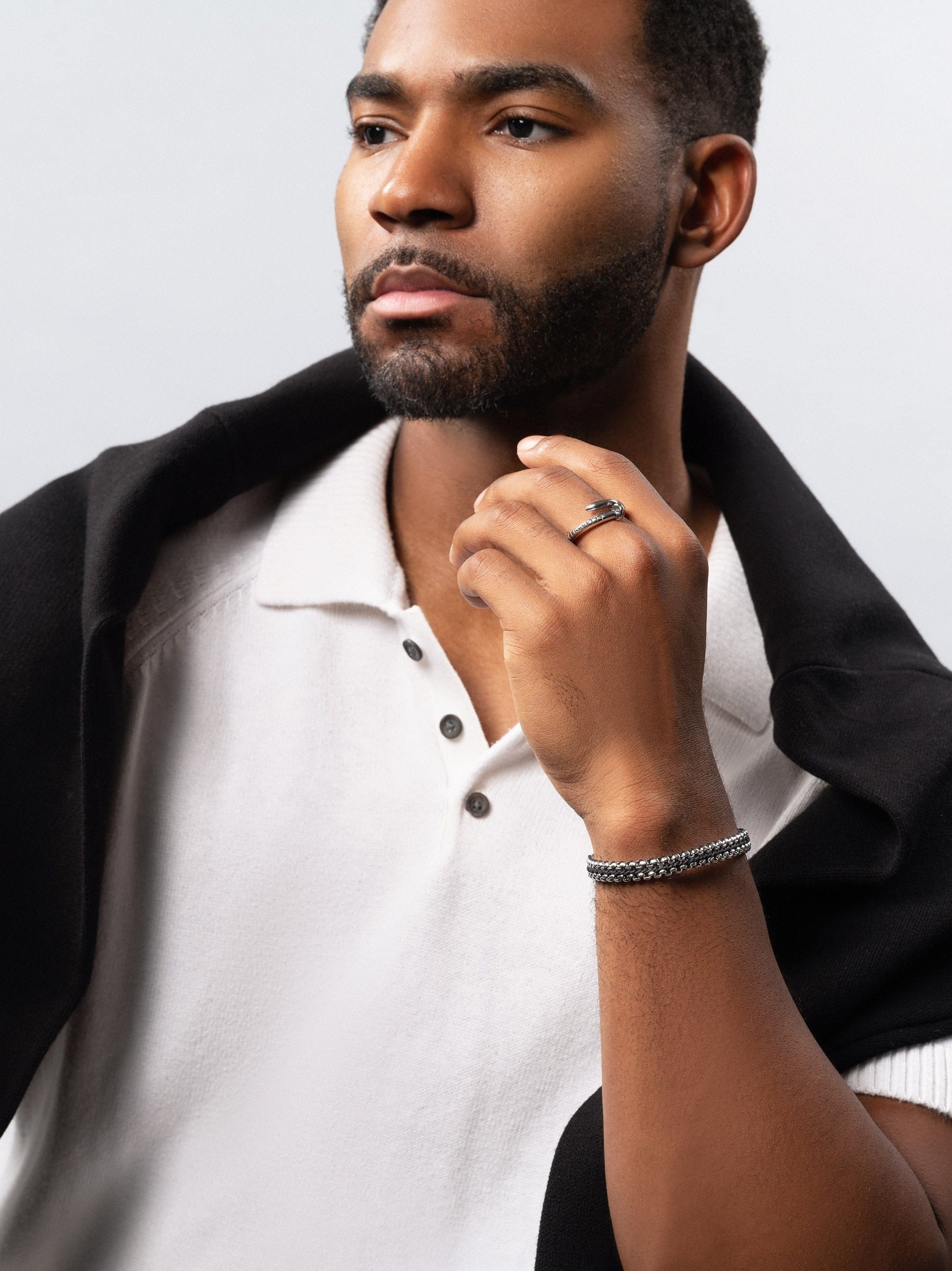 Men'S Black Woven 8Mm Box Chain Bracelet In Silver