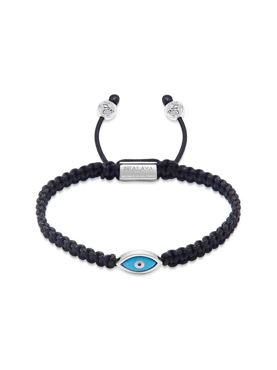 Men'S Black String Bracelet With Silver Evil Eye