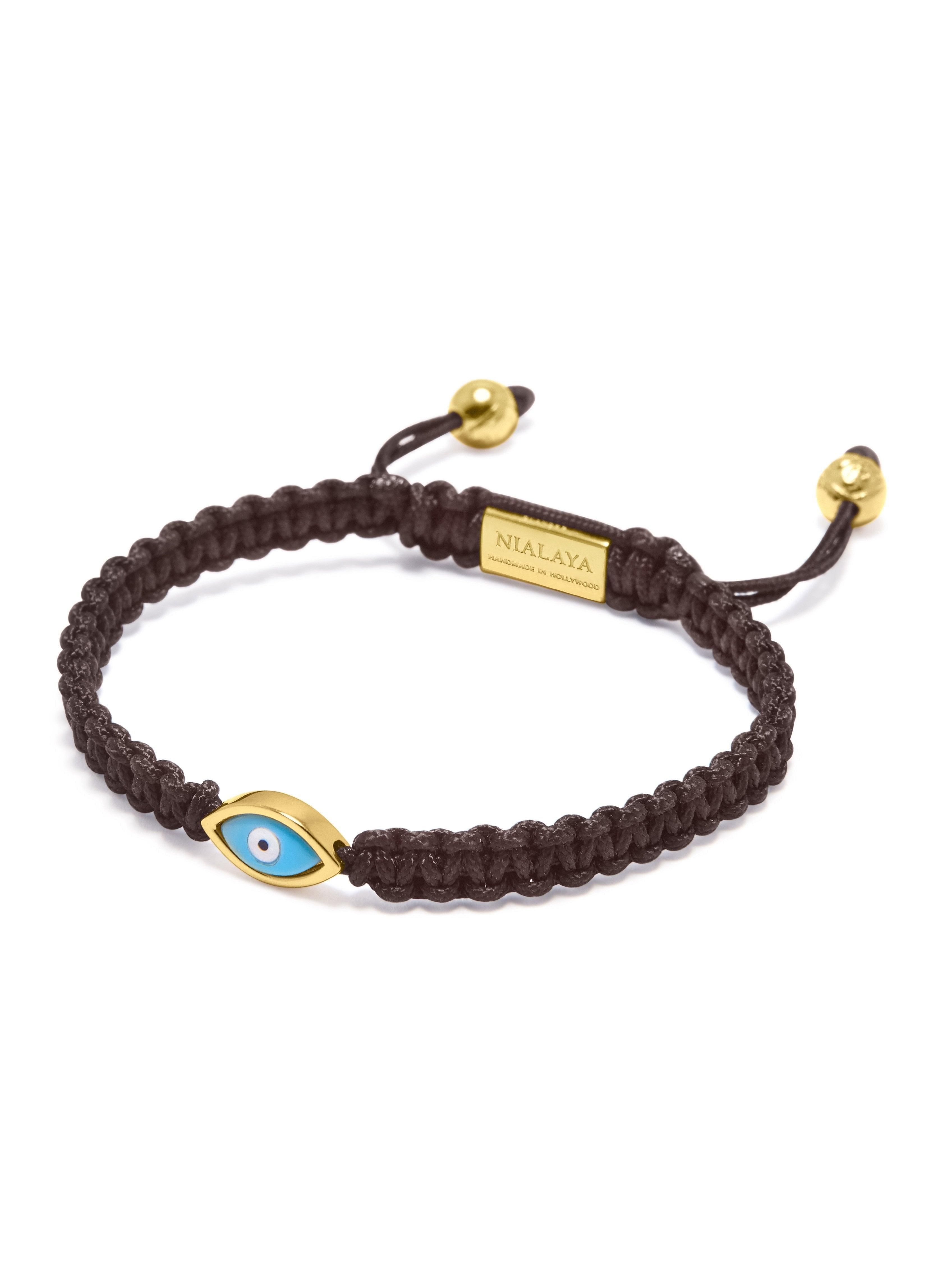 Men's Brown String Bracelet with Gold Evil Eye