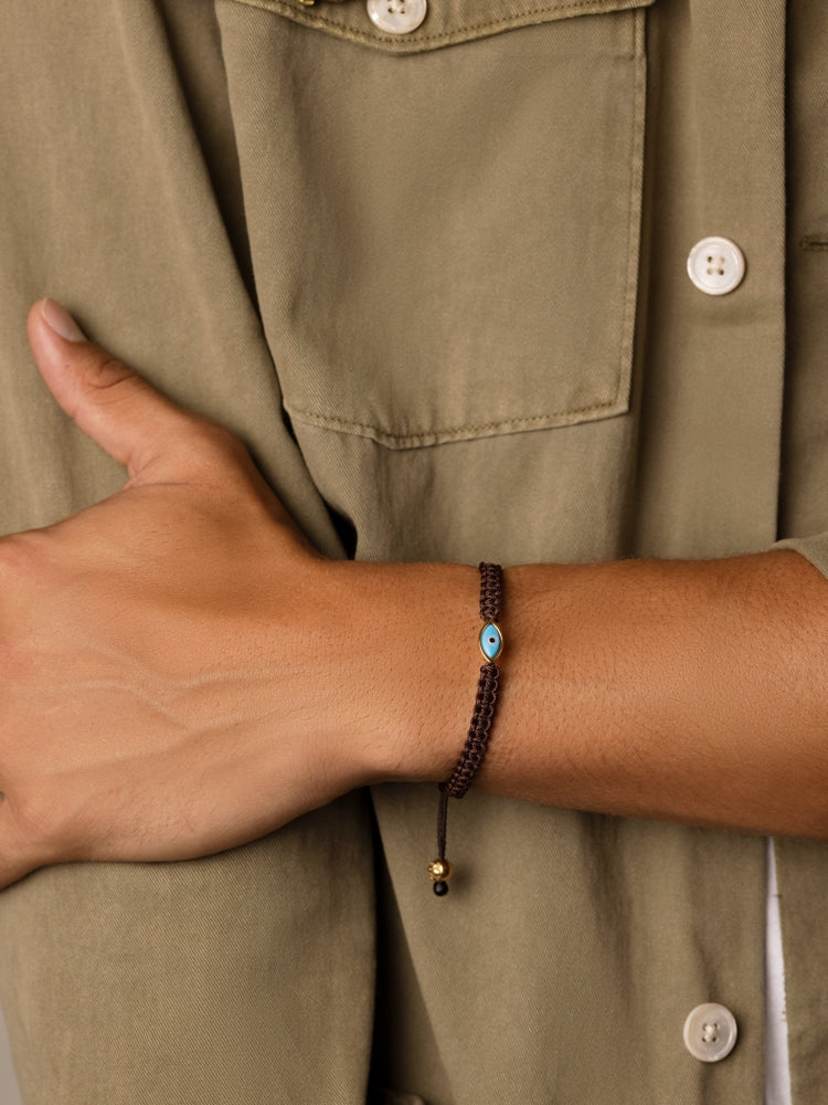 Men's Brown String Bracelet with Gold Evil Eye