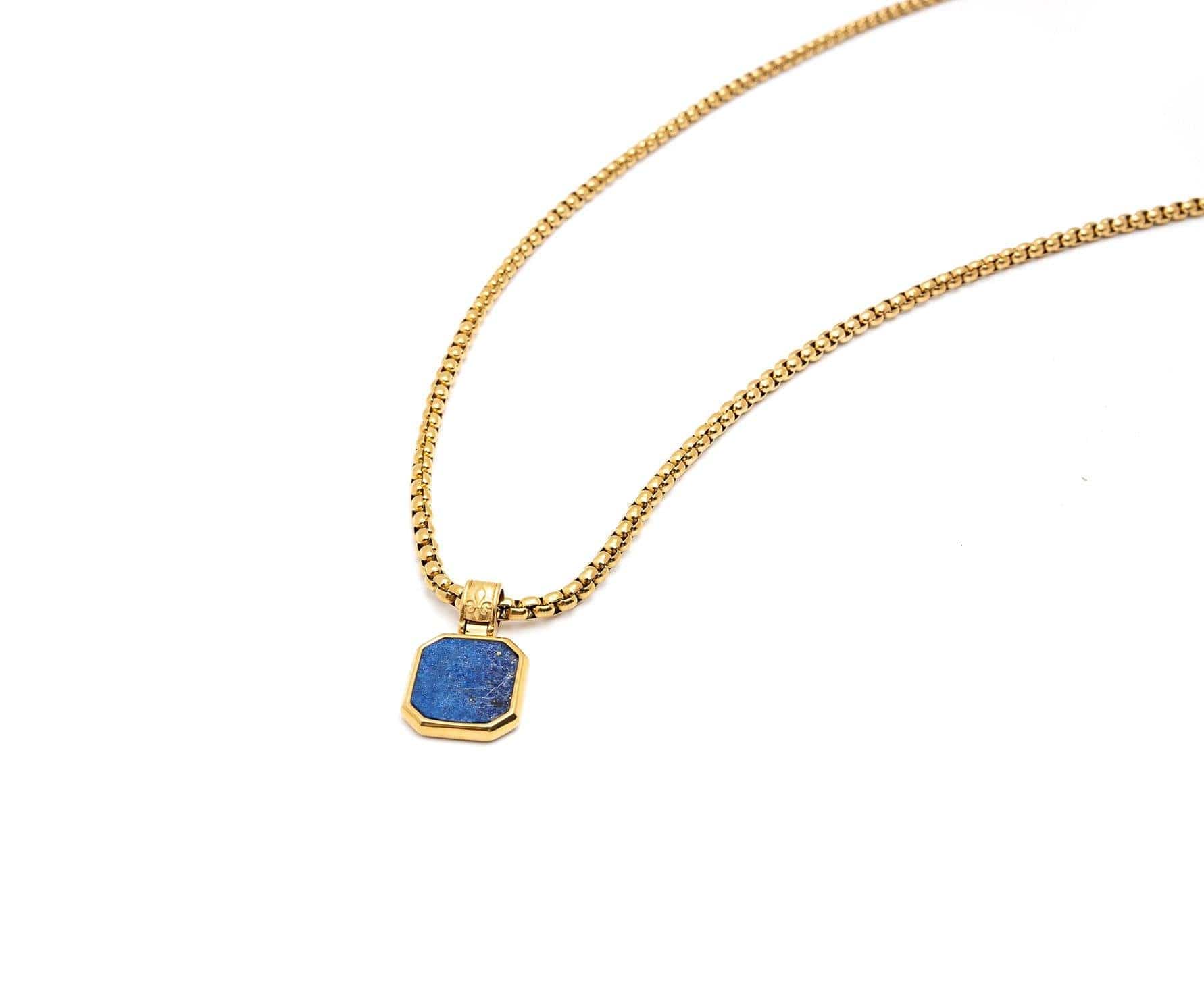 Men'S Gold Necklace With Square Blue Lapis Pendant