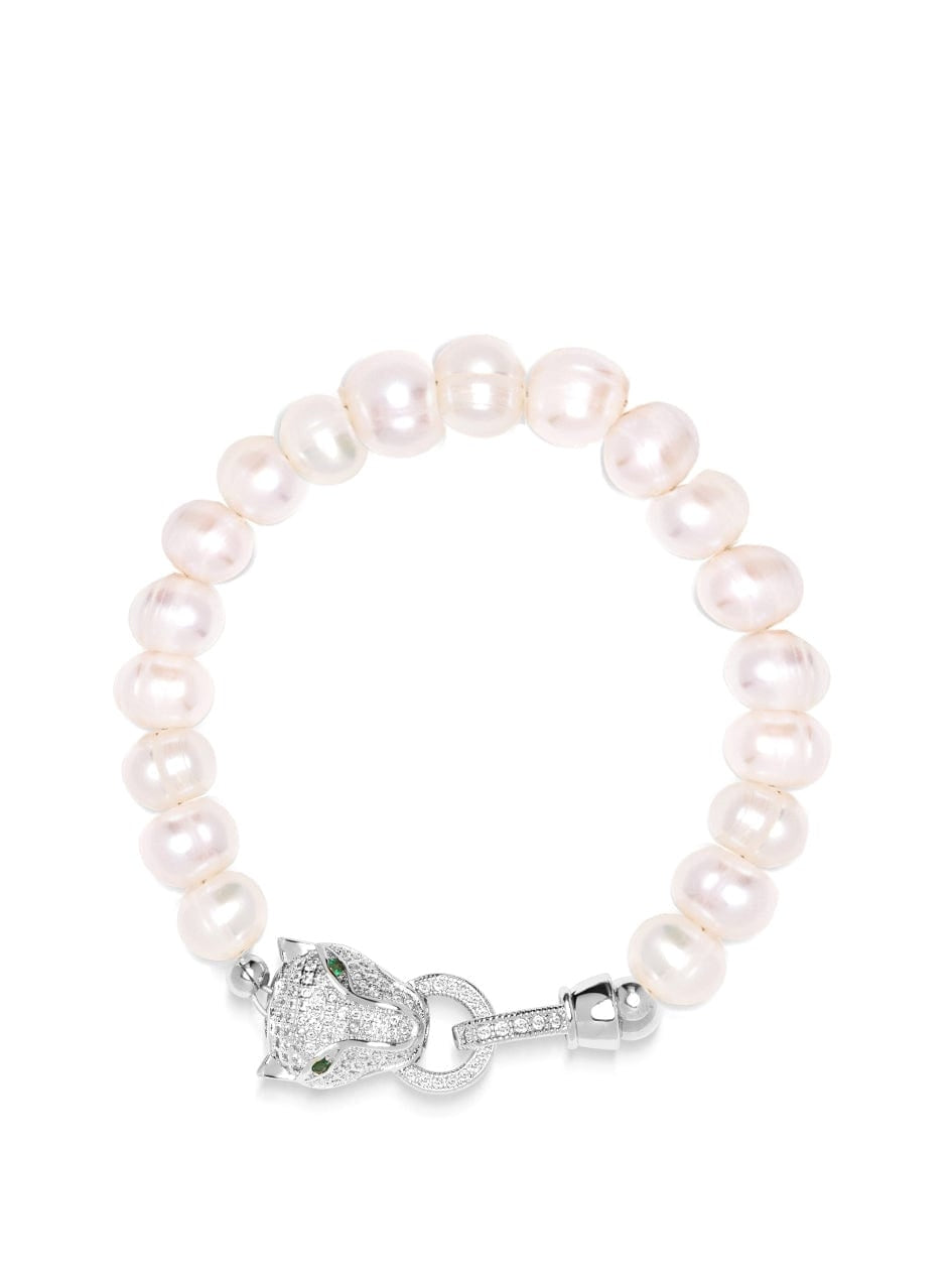 Women'S Pearl Bracelet With Silver Panther Head