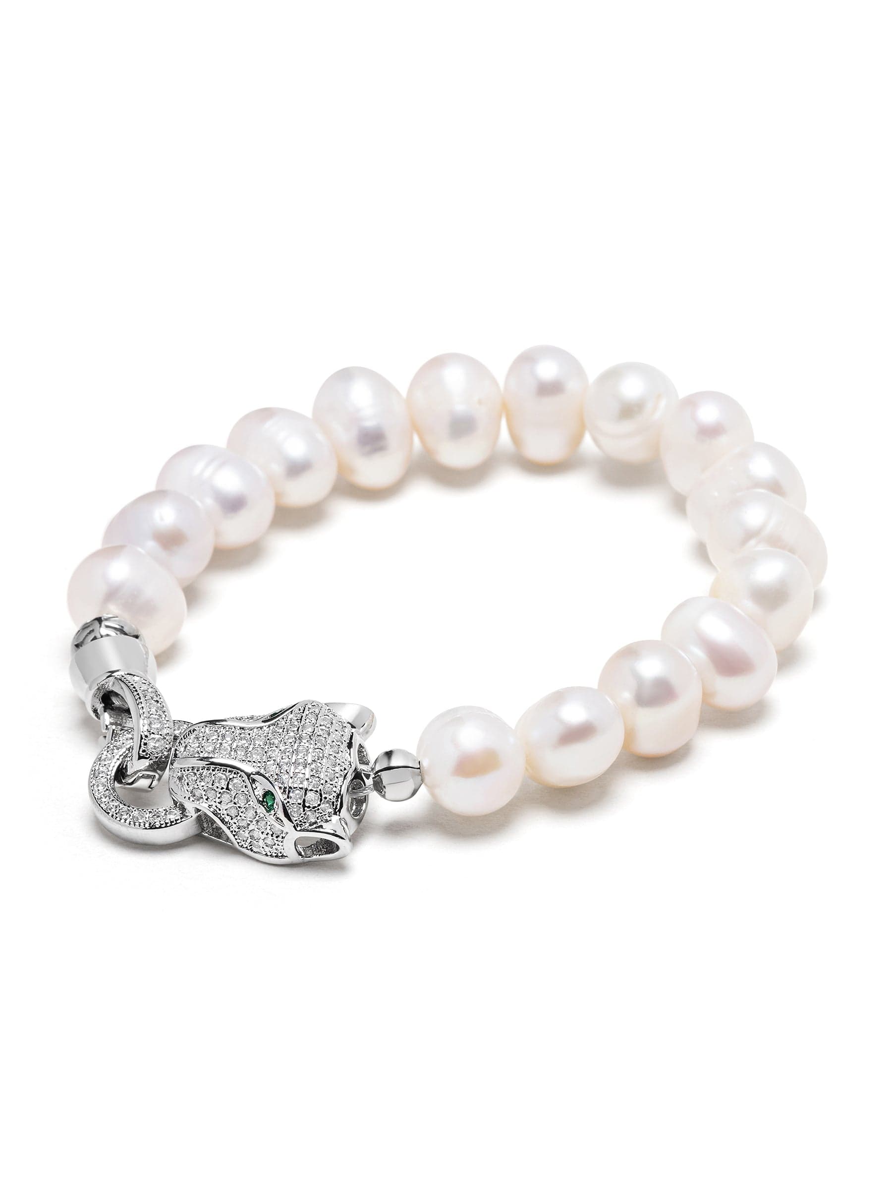 Women'S Pearl Bracelet With Silver Panther Head