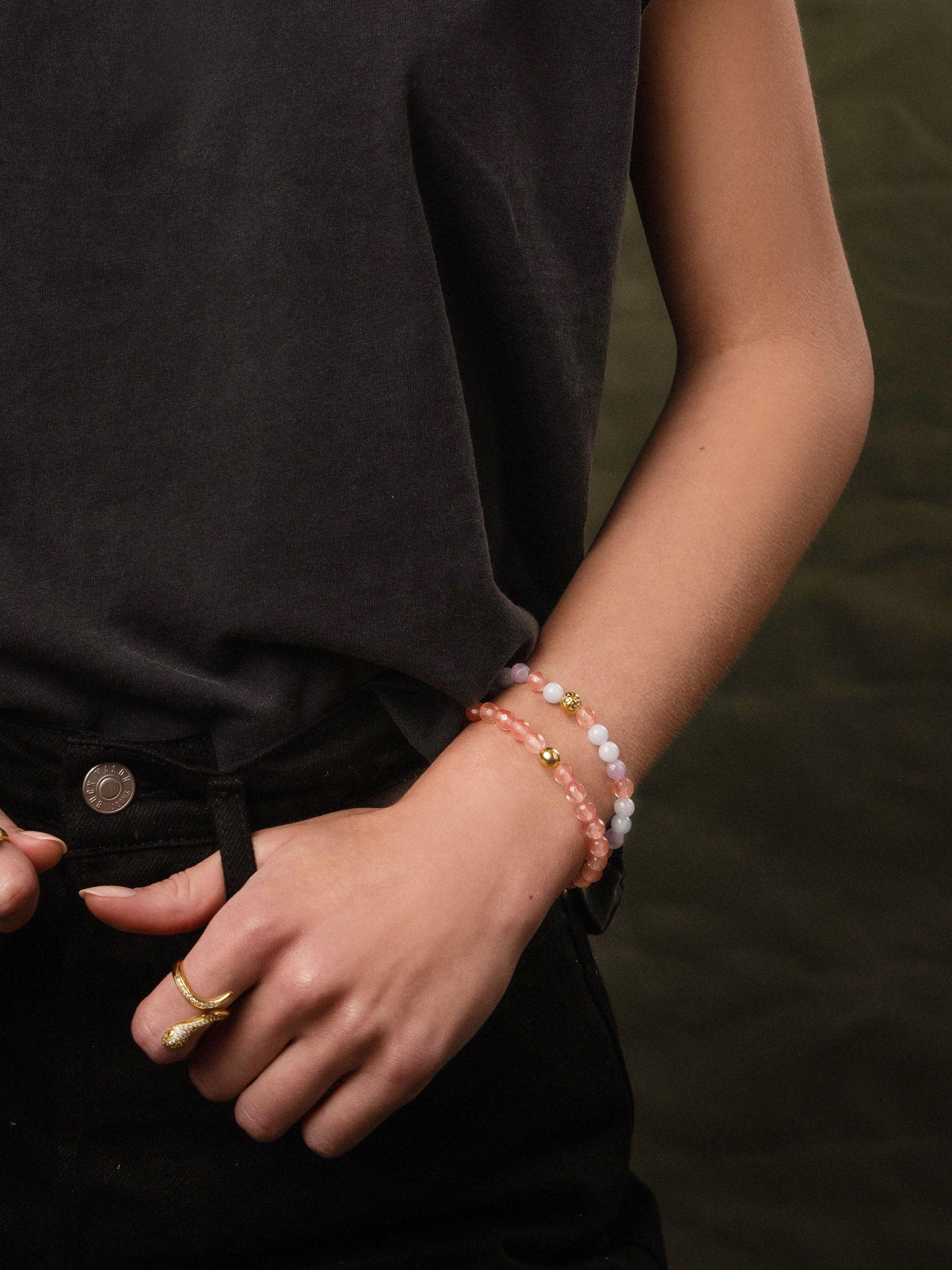 Women'S Wristband With Cherry Quartz, Amethyst Lavender And Aquamarine