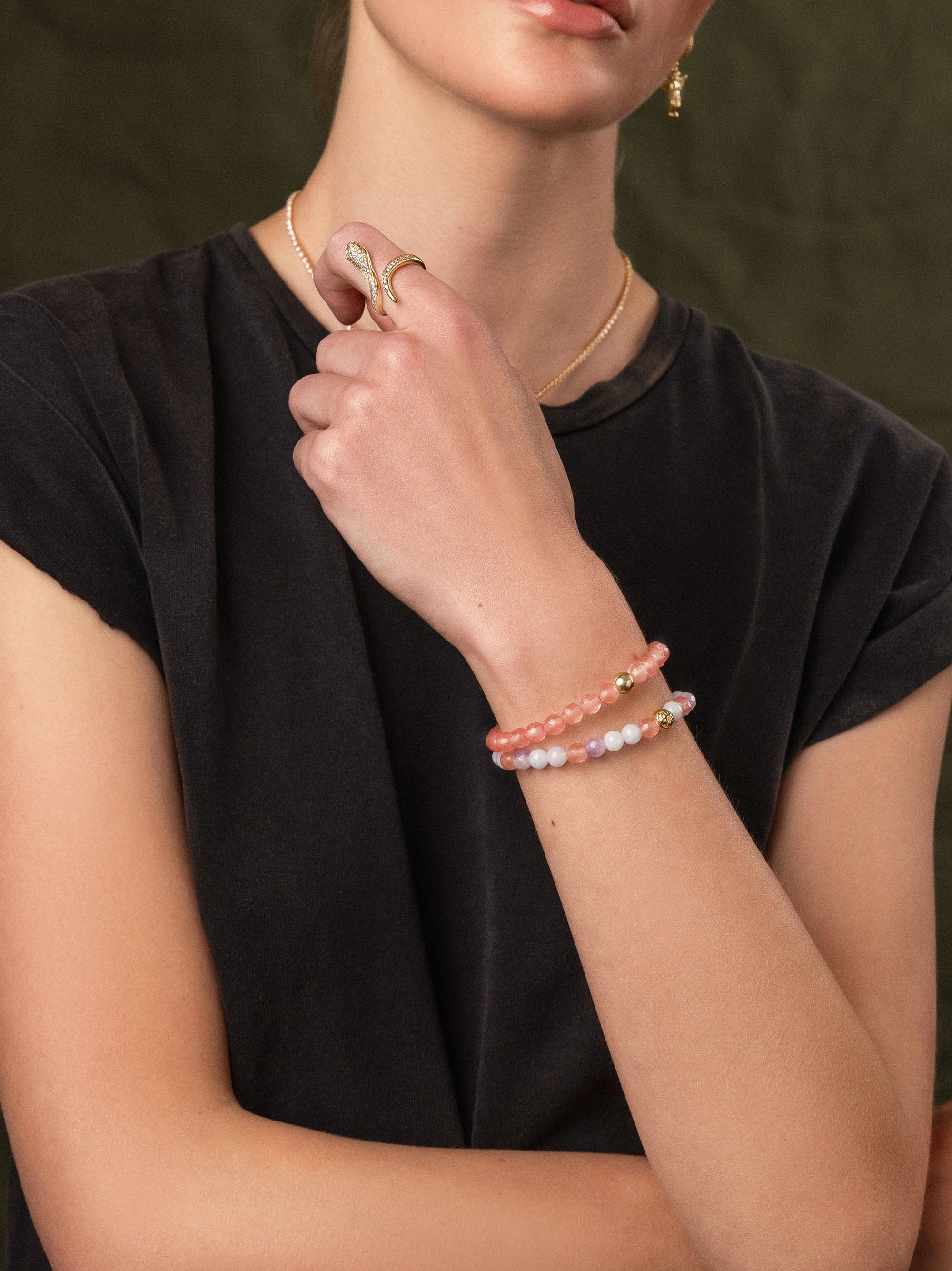 Women'S Wristband With Cherry Quartz, Amethyst Lavender And Aquamarine