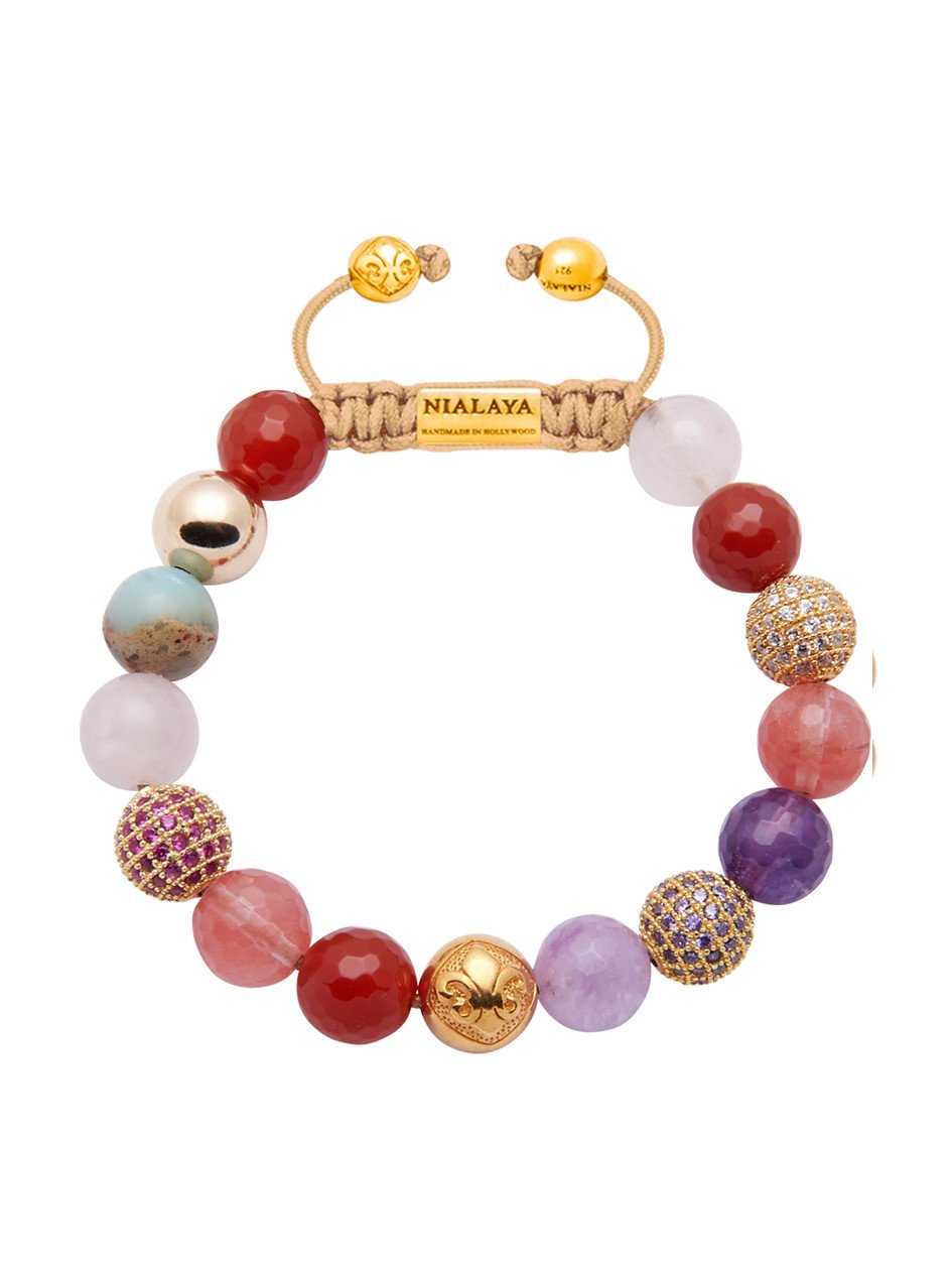 Women'S Beaded Bracelet with CZ Diamond, Carnelian, Cherry Quartz & Amethyst