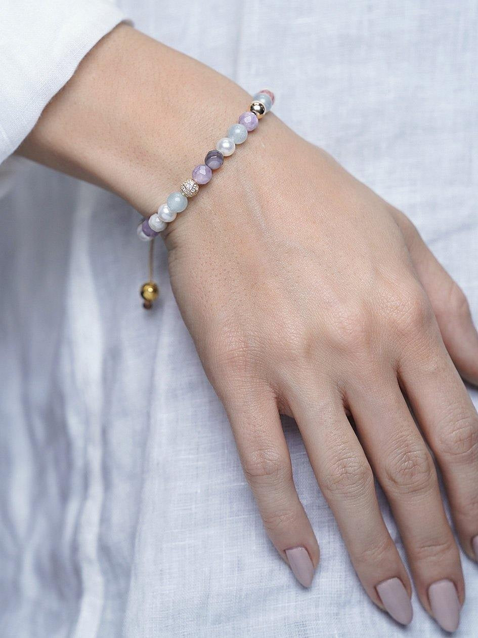 Women'S Beaded Bracelet With Aquamarine, Amethyst Lavender, Cherry Quartz, Pearls And Botswana Agate