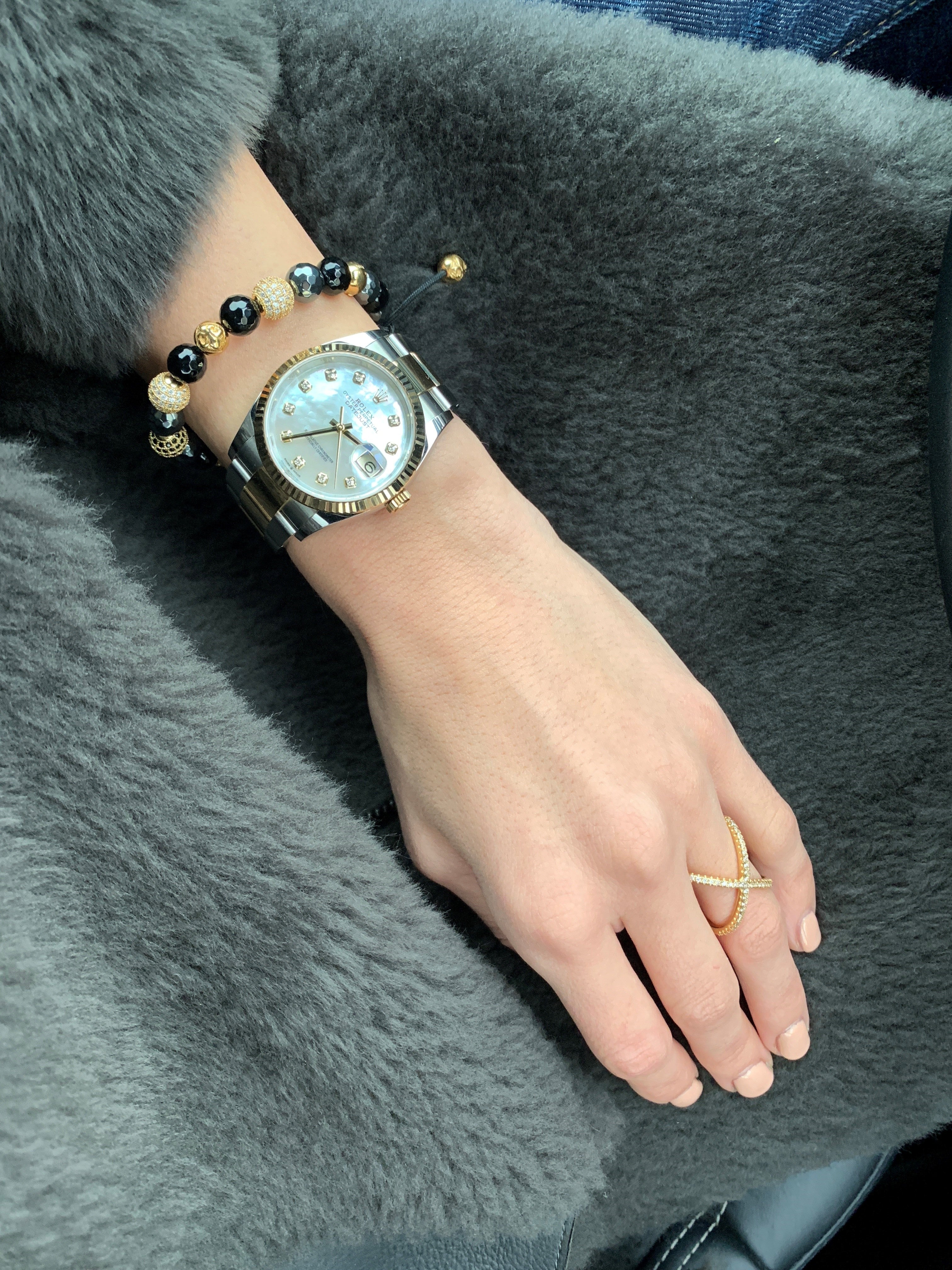 Nialaya Women's Beaded Bracelet with CZ Diamond, Hematite & Agate