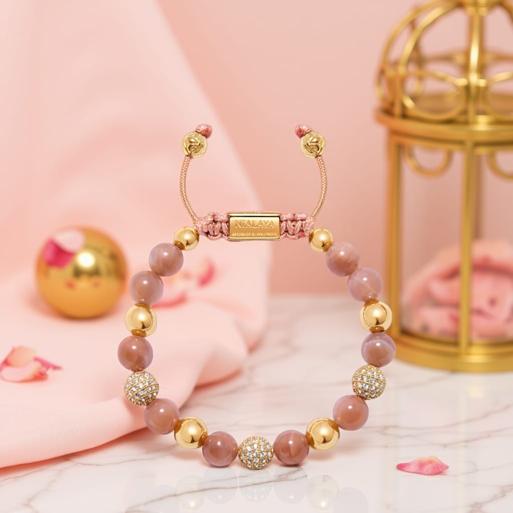 Women'S Beaded Bracelet With Pink Moonstone And Gold Cz Diamonds (Multi)